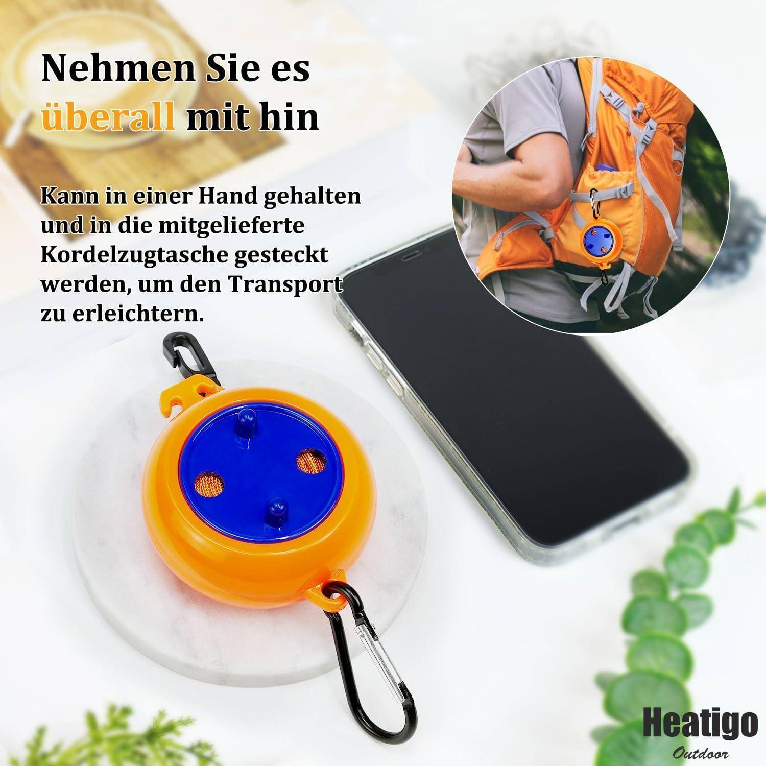 Eine Person, die einen orangefarbenen Rucksack trägt, mit einem kleinen orange-blauen tragbaren Gerät daran befestigt. Deutscher Text bewirbt leichte Transportierbarkeit.