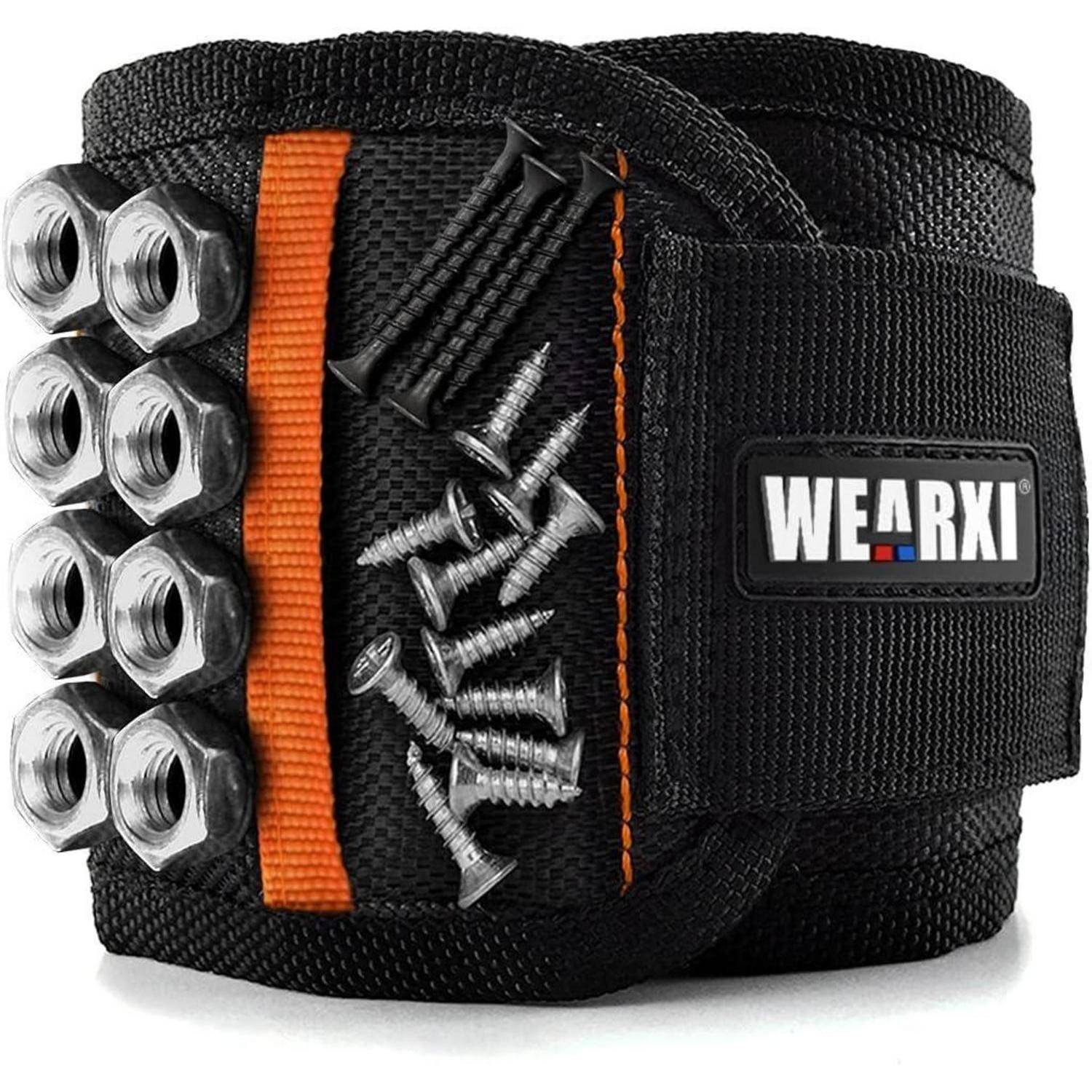 Ein schwarzes magnetisches Armband mit Metall-Muttern und Schrauben, versehen mit dem Markennamen 'Wearxi'. Ideal zum Halten kleiner Werkzeuge während der Arbeit.