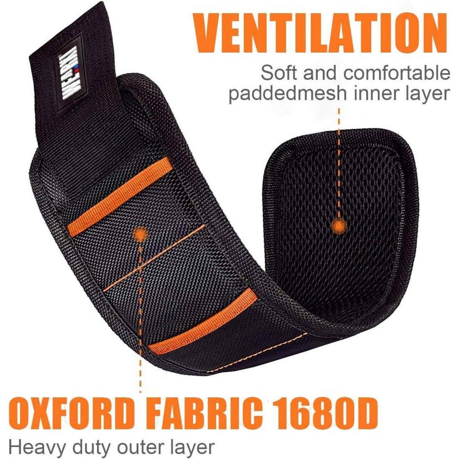 Schwarzer Oxford-Stoff 1680D über einem Stoffbild mit orangefarbener Naht. Hervorgehoben: 'Belüftung' mit 'Weiche und komfortable gepolsterte Netzinnenschicht.