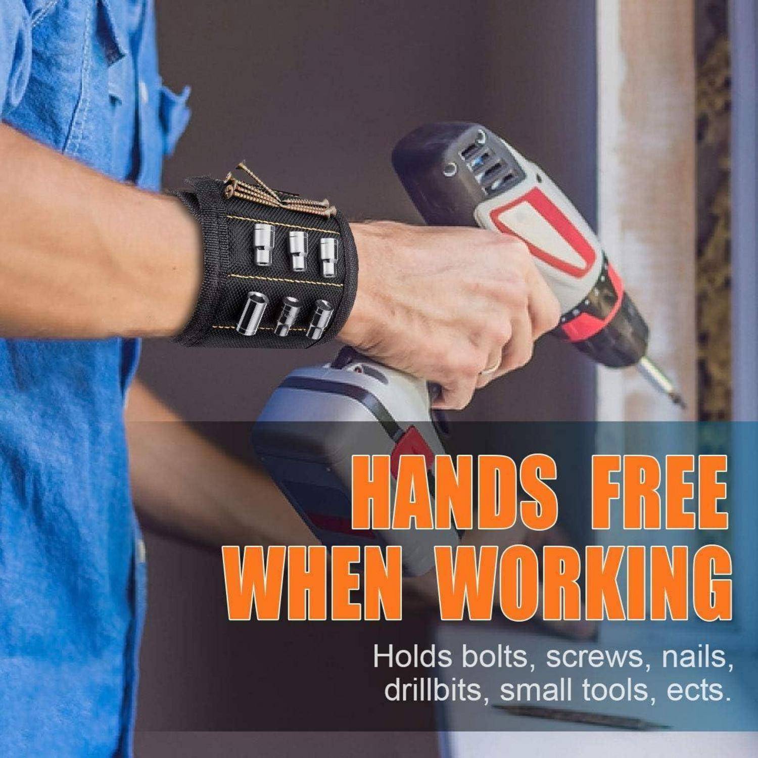 Person arbeitet mit einer Bohrmaschine und trägt ein magnetisches Handgelenk-Armband zum Halten von Schrauben. Text lautet: 'HÄNDE FREI BEI DER ARBEIT' und betont die Bequemlichkeit.
