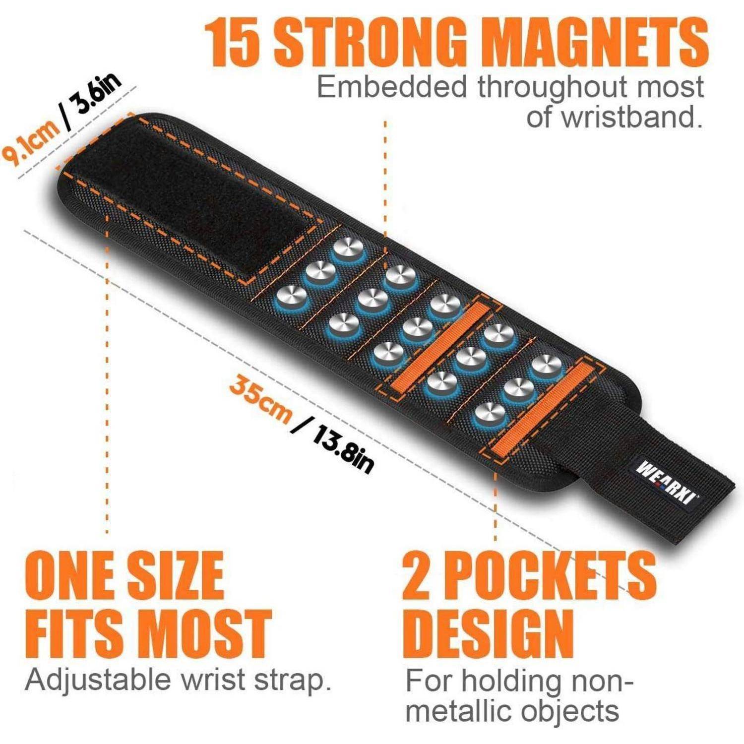 Magnetisches Armband mit 15 Magneten zum Befestigen von Metallgegenständen, verstellbarer Gurt, 9 cm x 35 cm. Ausgestattet mit zwei Taschen für nicht-metallische Gegenstände.