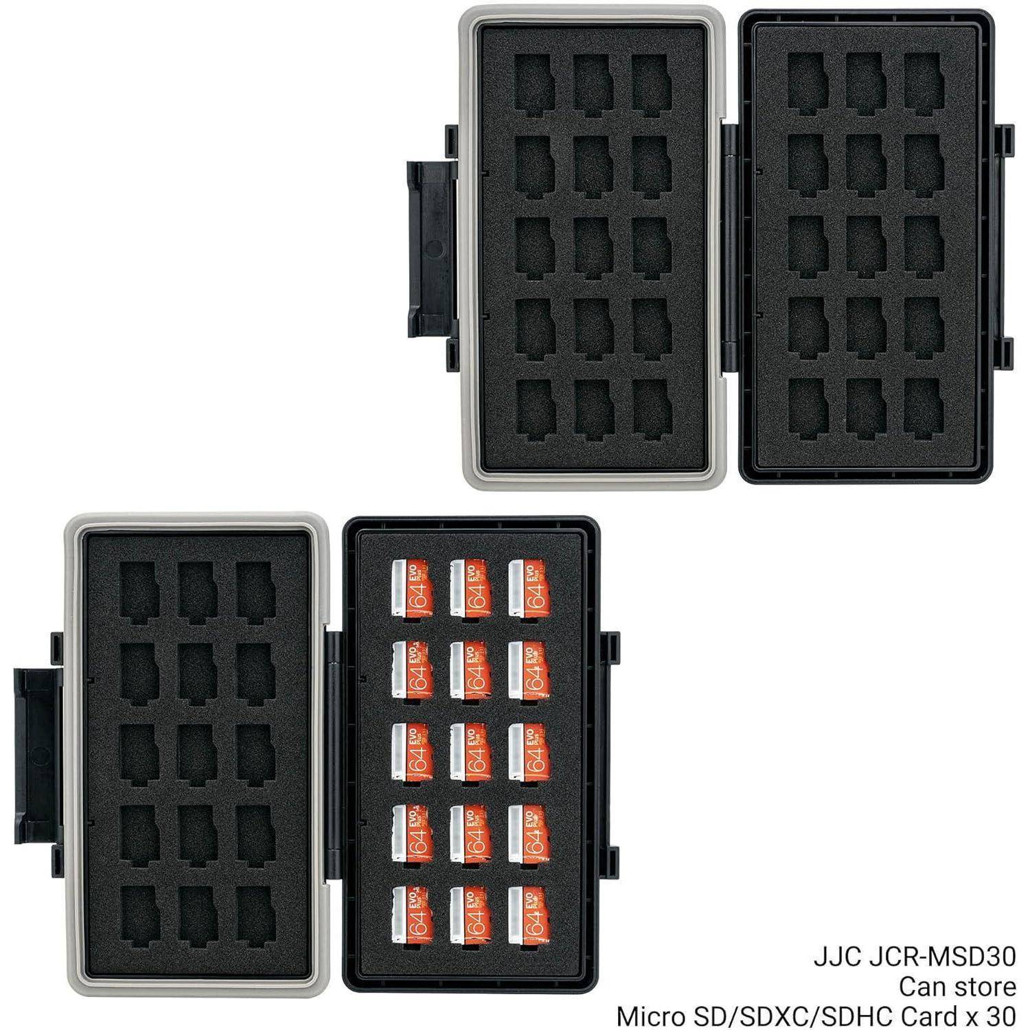 Zwei offene Etuis für Micro SD-Karten; eines leer, das andere mit 15 Karten bestückt. Text lautet: 'JJC JCR-MSD30 Kann Micro SD/SDXC/SDHC Karten x 30 speichern.