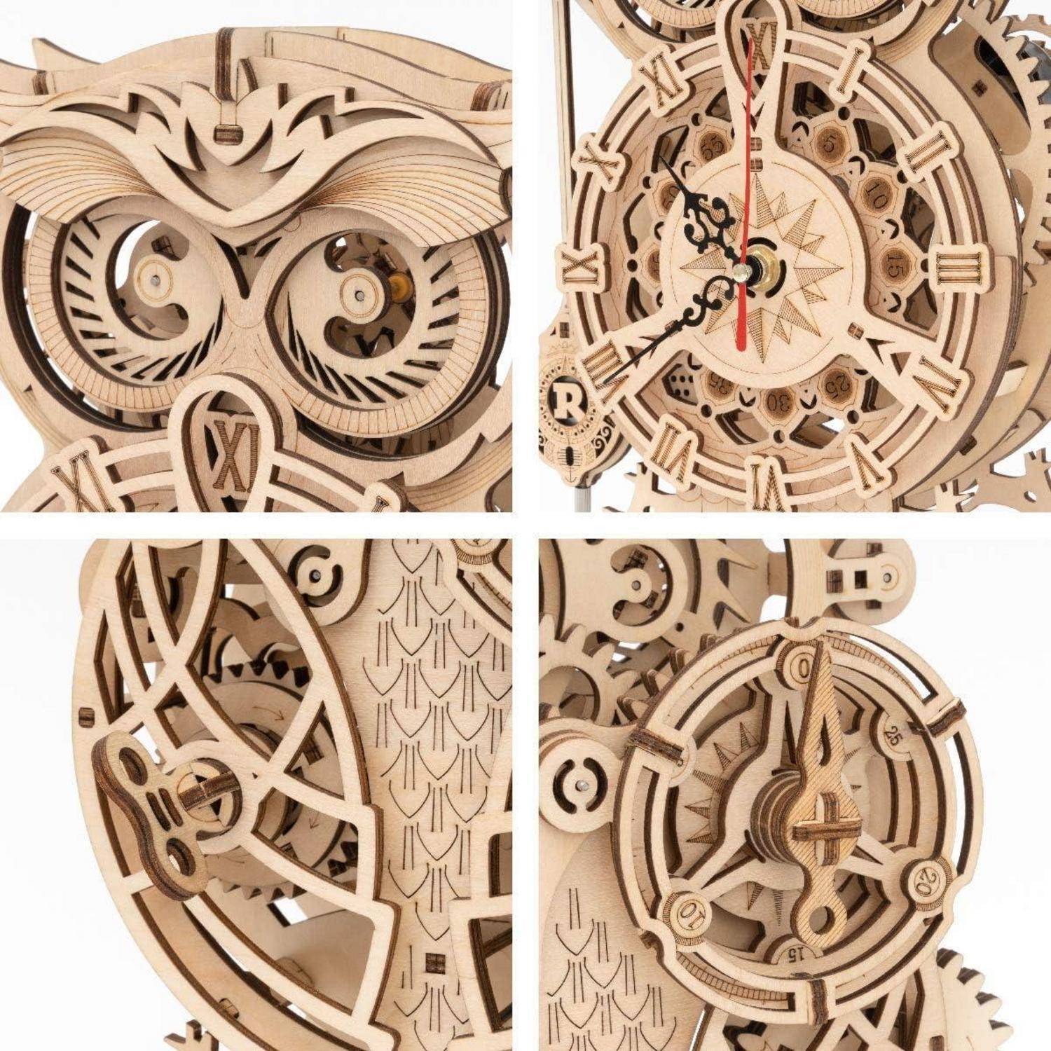 Nahaufnahme einer detaillierten Holzuhr mit kunstvollen Zahnrädern und Eulendesign. Die Uhr besitzt schwarze und rote Zeiger auf einem kreisförmig gemusterten Zifferblatt.
