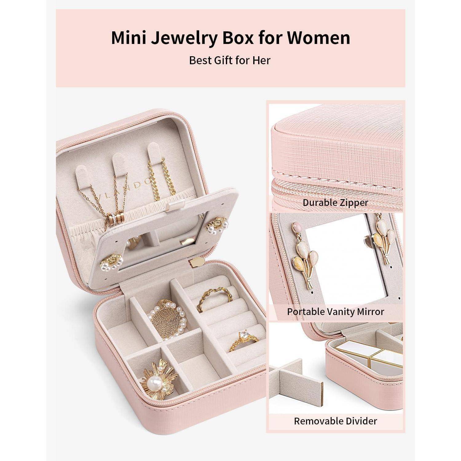 Mini-Schmuckschatulle für Frauen: Bestes Geschenk für Sie.' Inklusive Fächer für Ringe, Halsketten, Ohrringe, mit Schminkspiegel und Reißverschluss.