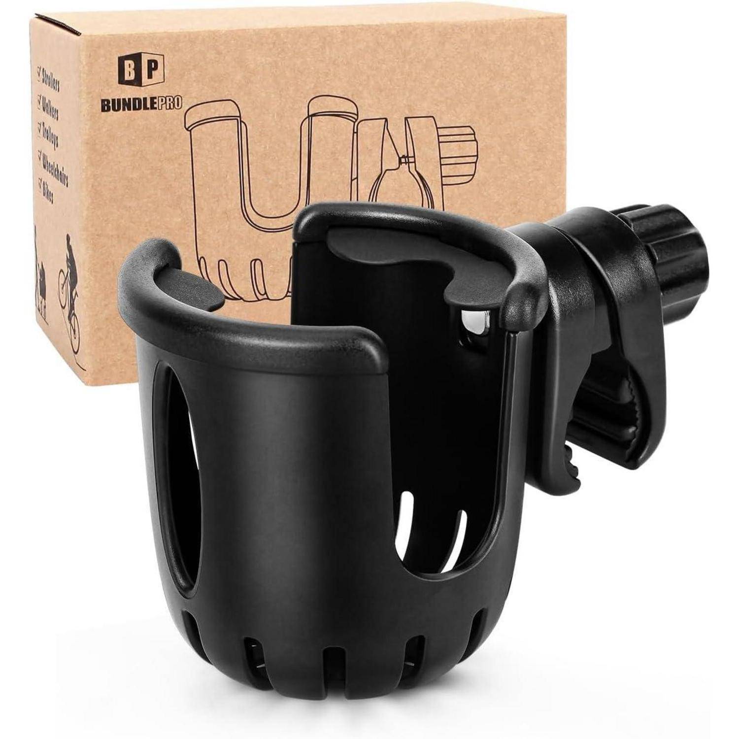 Ein schwarzer Fahrrad-Becherhalter mit einer verstellbaren Klemme, dargestellt vor seiner Verpackungsschachtel. Die Schachtel zeigt eine Abbildung des Halters.