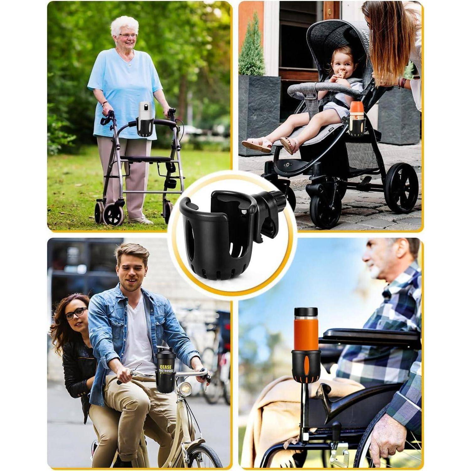 Kollage eines Getränkehalters, der an einen Rollator, Kinderwagen, Fahrrad und Rollstuhl befestigt ist und vielseitige Einsatzmöglichkeiten zum Tragen von Getränken zeigt.