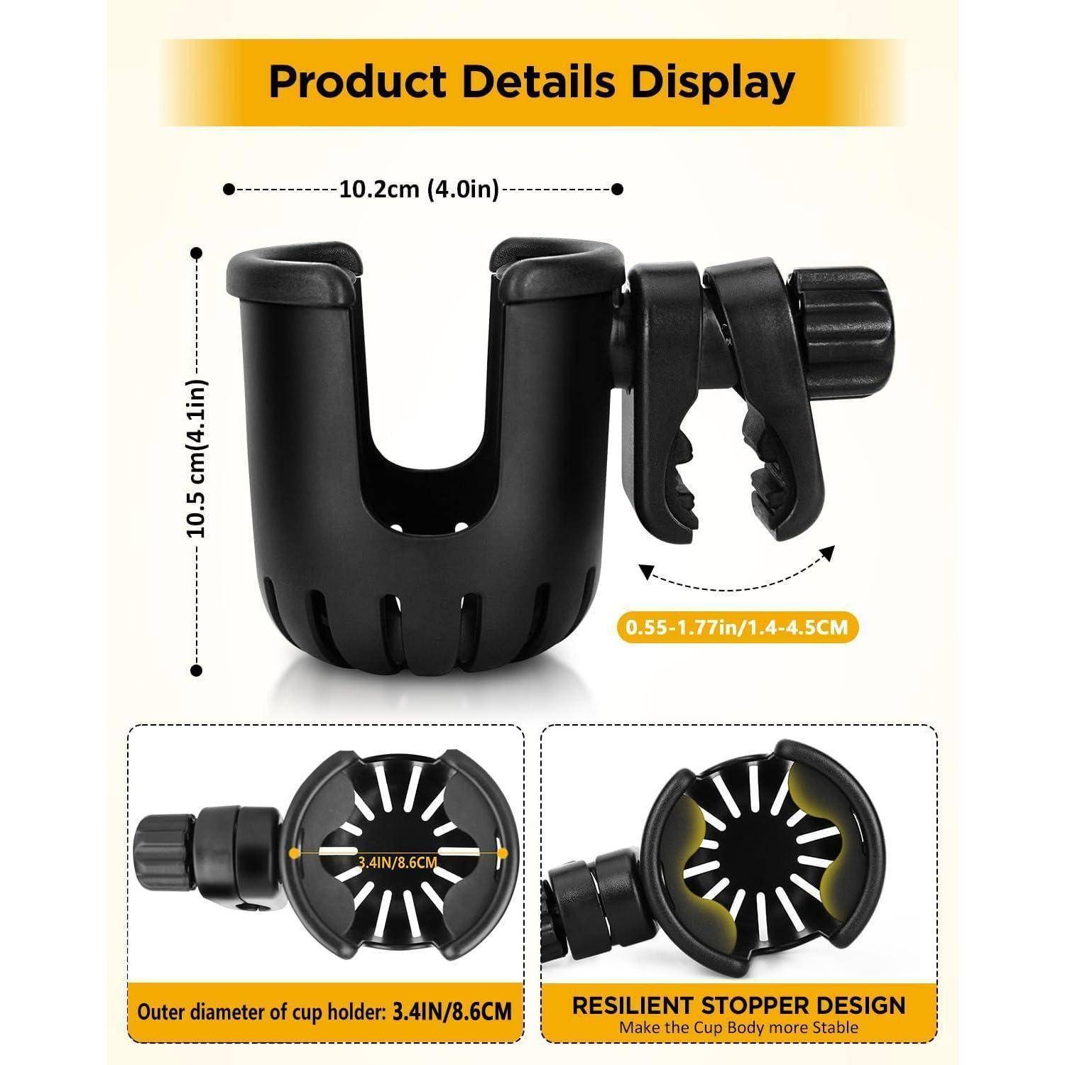 Produktdetails Anzeige zeigt einen schwarzen Becherhalter mit Abmessungen: 10,5 cm Höhe, 10,2 cm Breite; Außendurchmesser: 3,4-8,6 cm. Verfügt über ein widerstandsfähiges Stopfen-Design.
