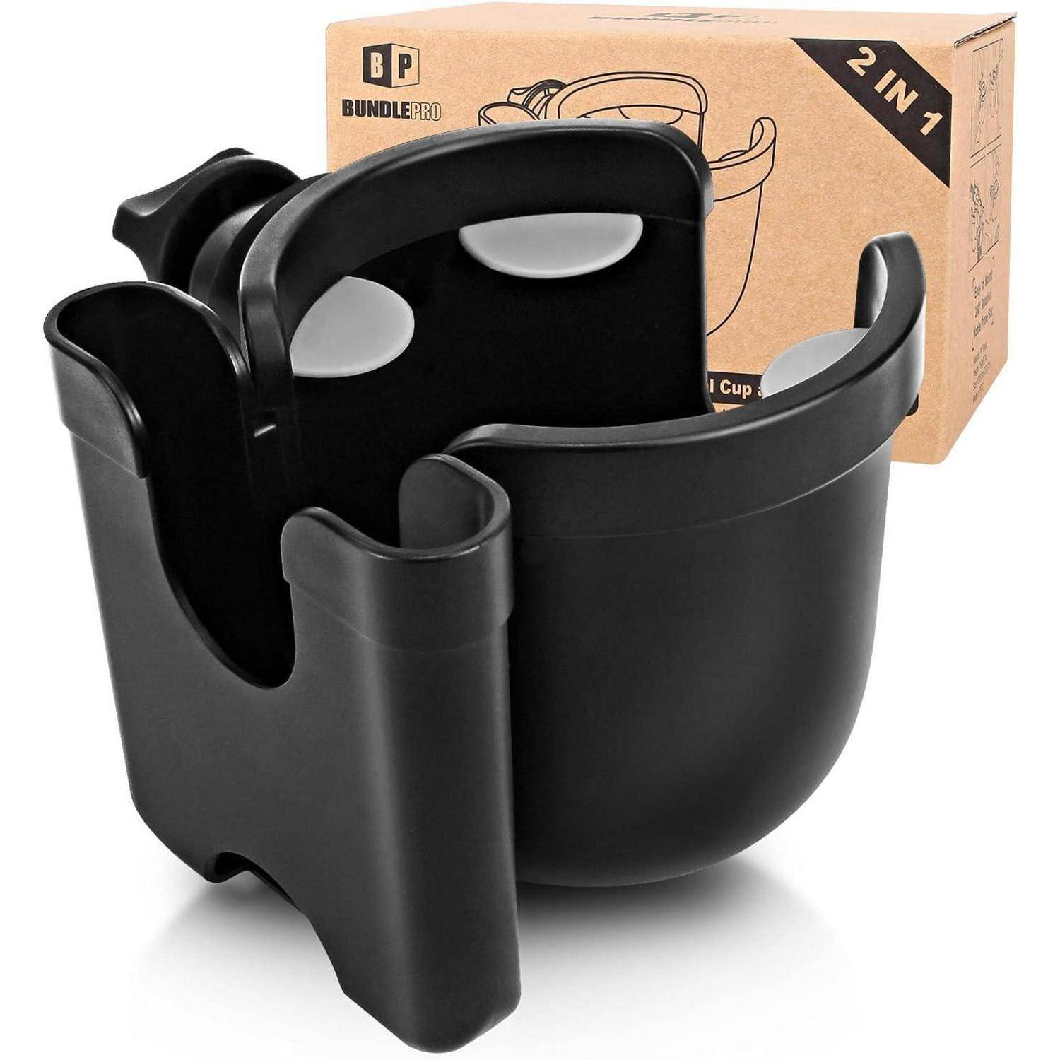 Schwarzes 2-in-1 Küchengerät zum Aufbewahren von Küchenutensilien, präsentiert mit Verpackungskarton mit der Aufschrift 'BP Bundle Pro.