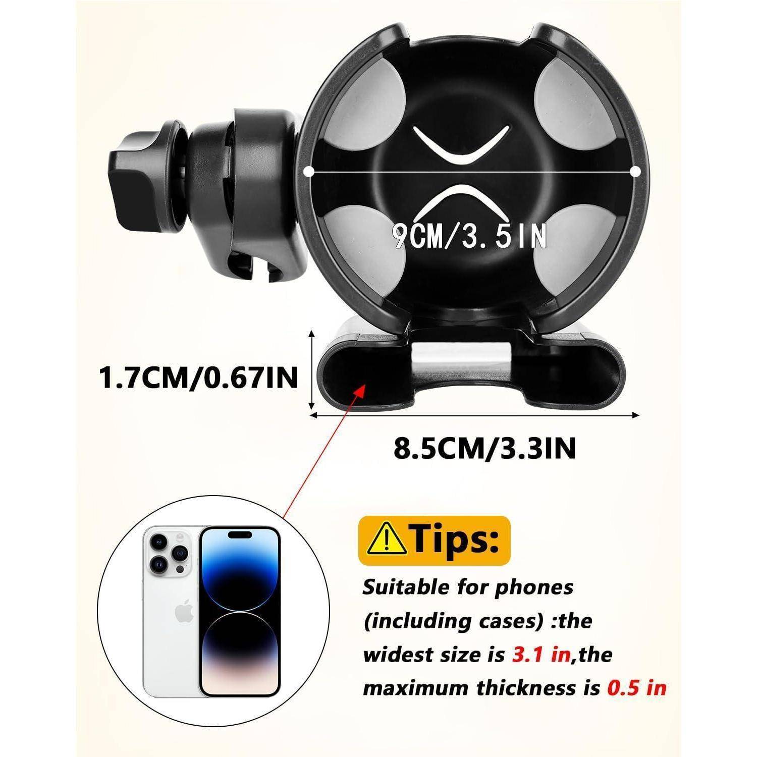 Ein Autohandyhalter verfügt über verstellbare Halterungen für Handys bis zu 7,9 cm Breite und 1,3 cm Dicke. Enthält eine Diagramm und ein Handybild.