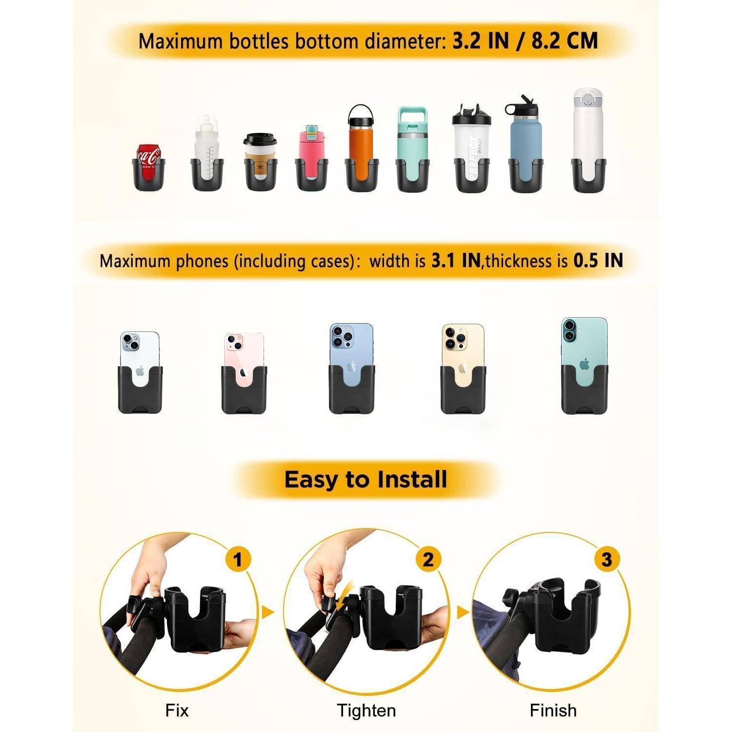 Universeller Becher- und Handyhalter mit Abmessungen: Max. Flaschenduchmesser 3,2 Zoll/8,2 cm. Max. Handybreite 3,1 Zoll, Dicke 0,5 Zoll. Einfach zu installieren.