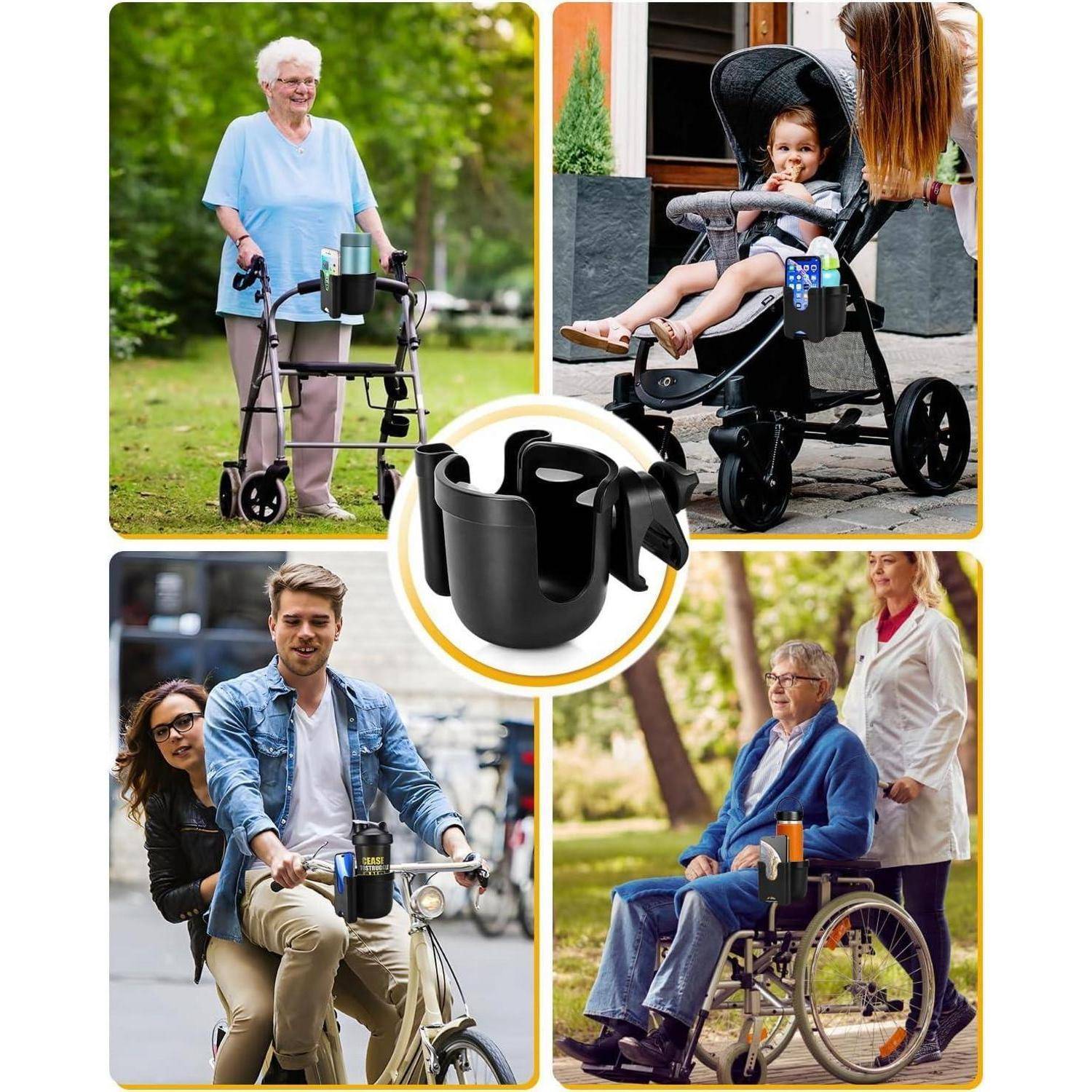 Vier Bilder, die einen Becherhalter an verschiedenen Mobilitätshilfen zeigen: ein Rollator mit einer älteren Person, ein Kinderwagen mit einem Kind, ein Fahrrad mit einem Paar und ein Rollstuhl mit einer älteren Person.
