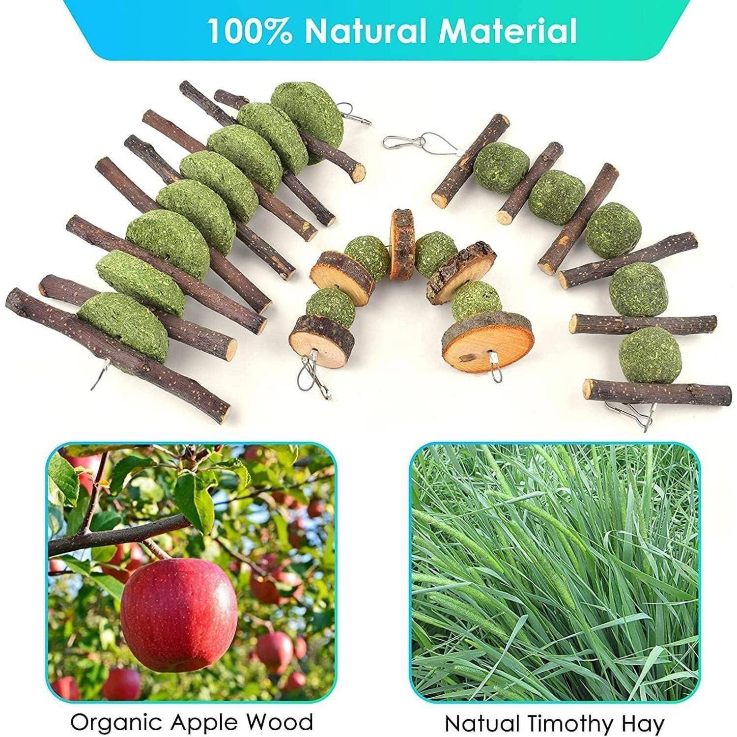 Spielzeuge aus '100% natürlichem Material', hergestellt aus biologischem Apfelholz und natürlichem Timothee-Heu, werden gezeigt. Zwei Bilder von einem Apfel und Timothee-Heu sind enthalten.