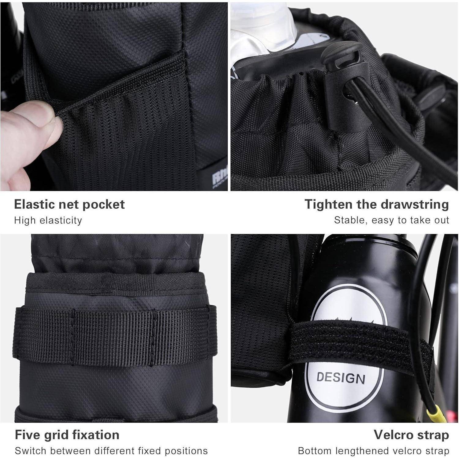 Ein Raster mit vier Bildern, die eine Fahrradtasche zeigen: elastische Netztasche, zugezogene Kordelzugöffnung, fünf Gitterbefestigungen und Klettverschluss.
