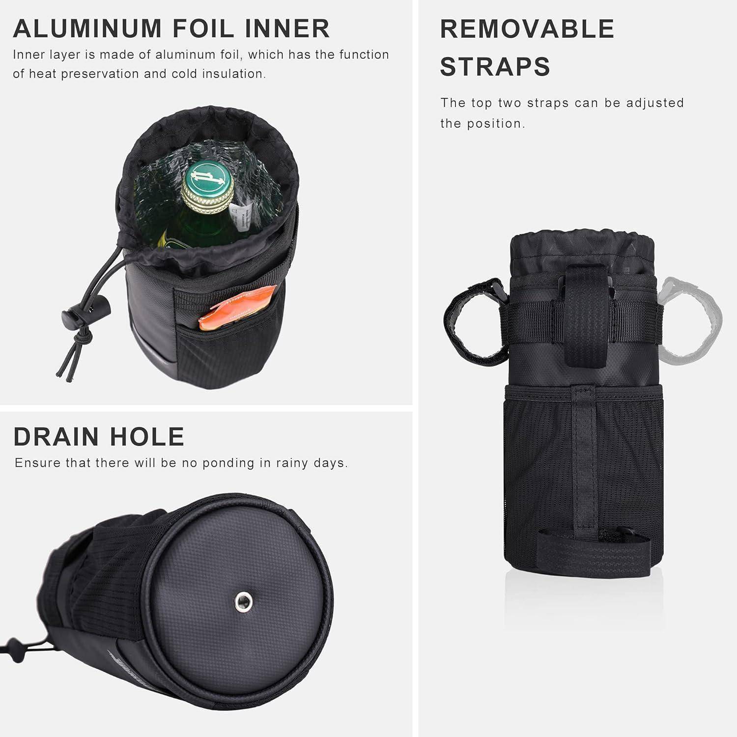 Ein isolierter Flaschenhalter mit einer Innenseite aus Aluminiumfolie zur Temperaturerhaltung, abnehmbaren Trägern für einfachen Transport und einem Ablaufloch.