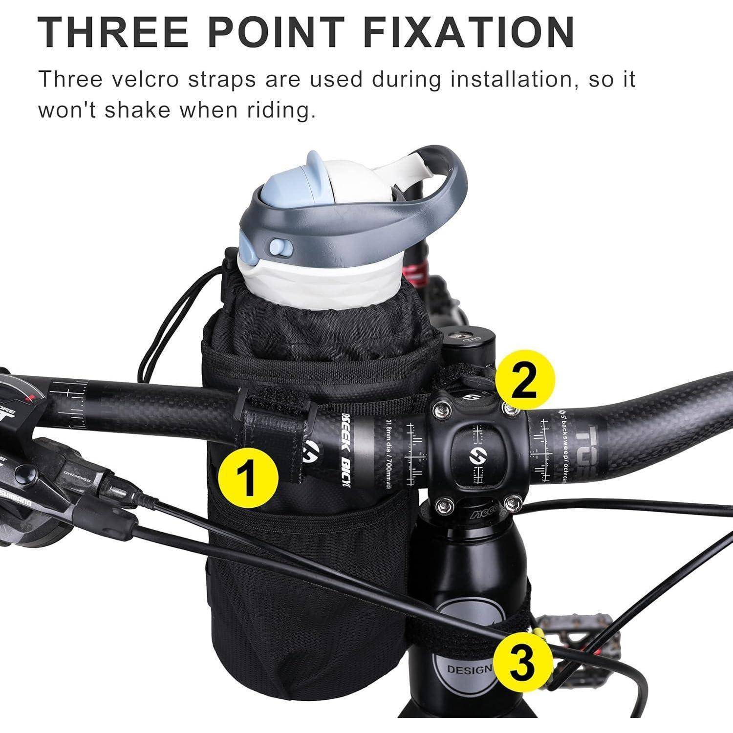 Eine Fahrradlenkertasche mit 'Drei-Punkt-Befestigung' unter Verwendung von Klettbändern, die mit 1, 2 und 3 nummeriert sind, für eine stabile Montage während der Fahrt.