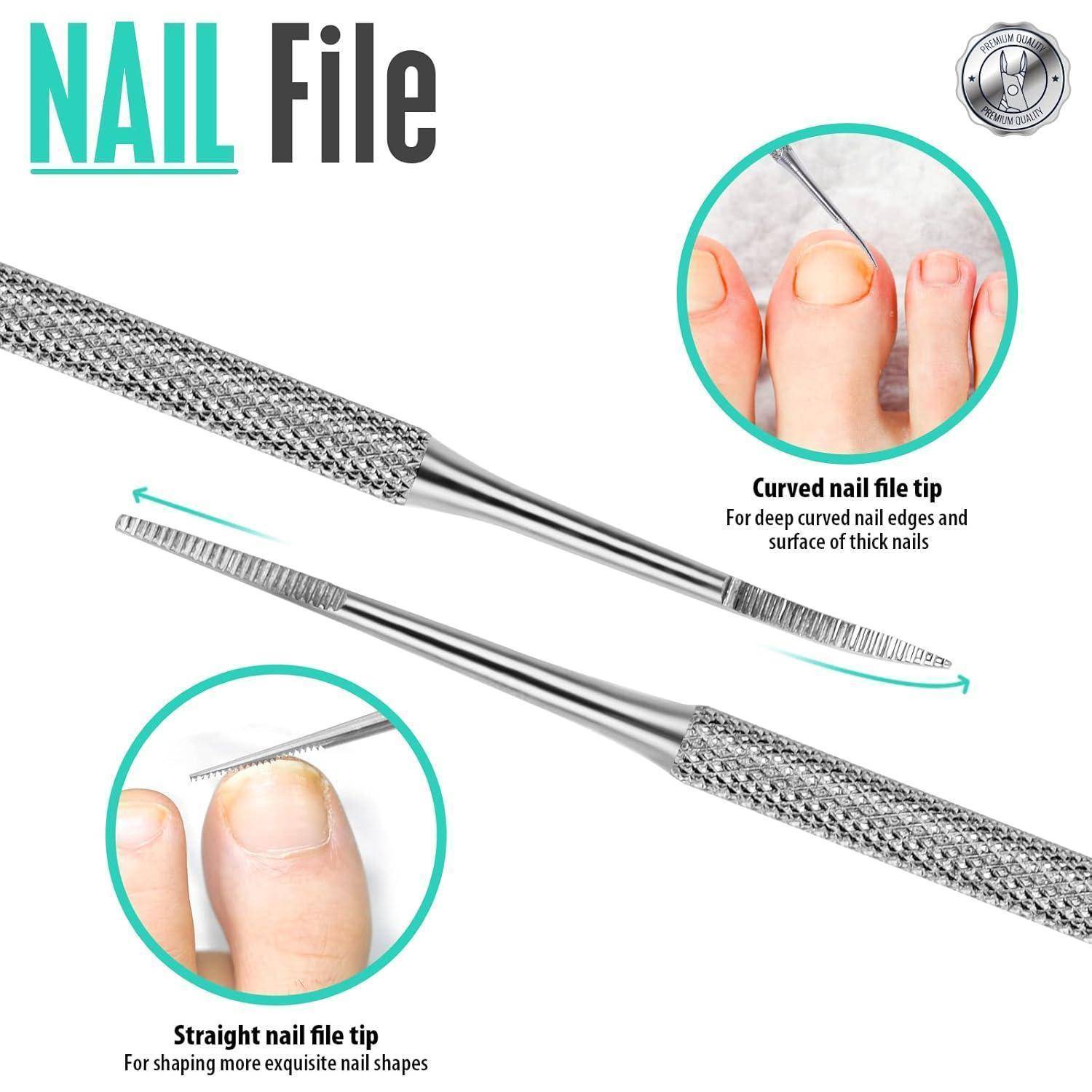 Nagelfeilchen mit doppelseitigem Design: gebogene Spitze für Kanten und Oberfläche, gerade Spitze zum Formen. Demonstriert an Zehennägeln.