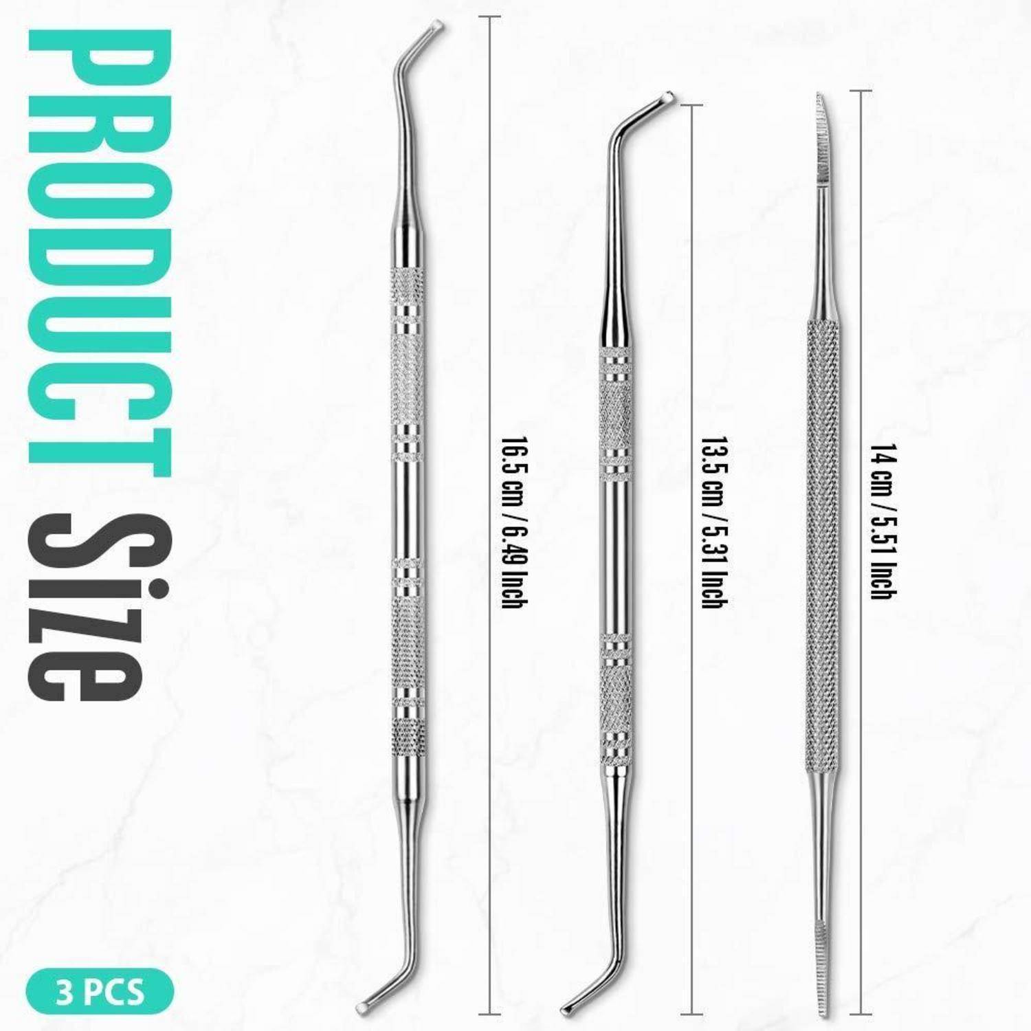 Drei Dentale Instrumente mit Maßen: 16,5 cm, 13,5 cm und 14 cm. Beschriftet als 'PRODUKT Größe'. Jedes mit strukturiertem Griff. Set aus 3 Stück.