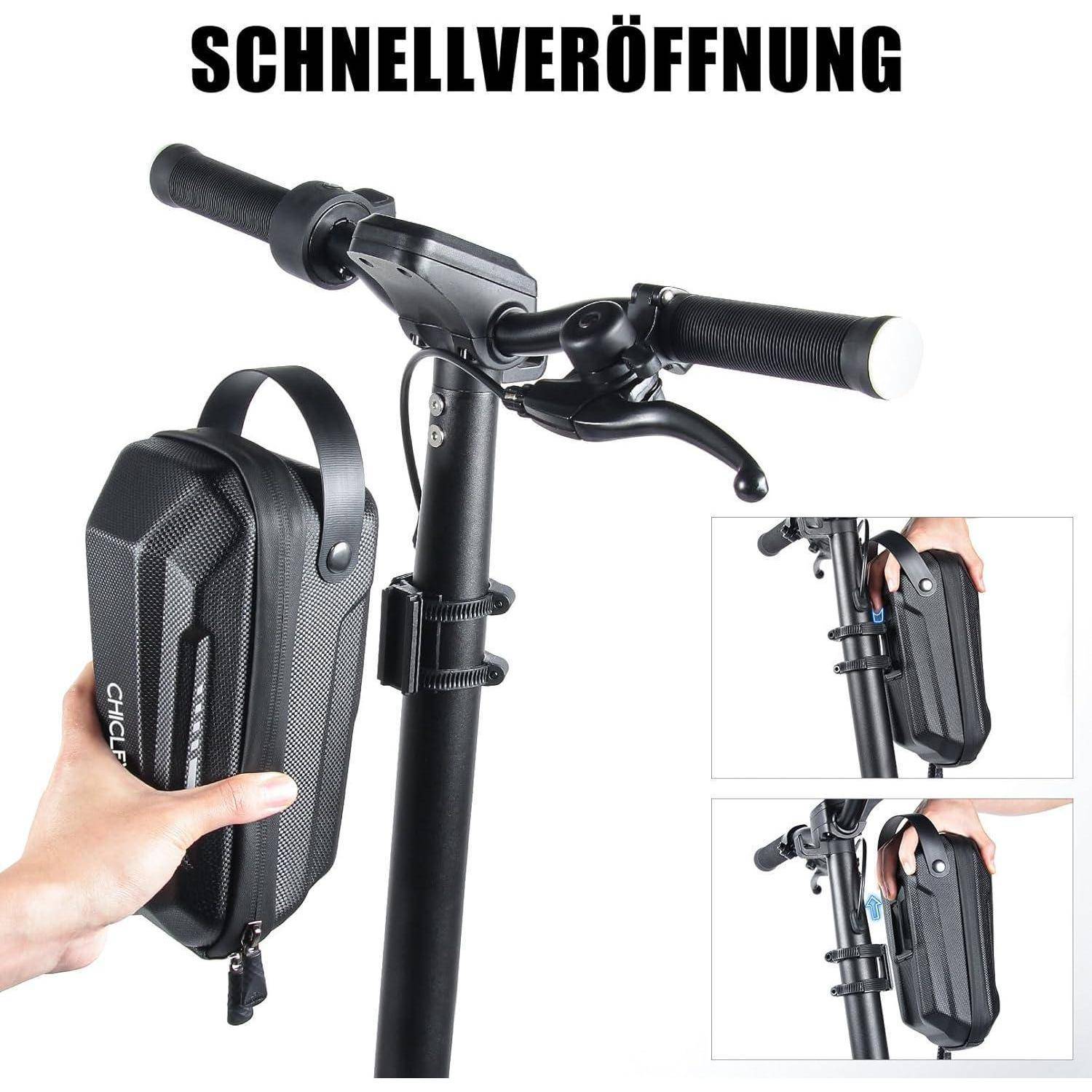Hand, die einen kleinen schwarzen Beutel am Lenker eines Rollers unter dem Text 'SCHNELLVERÖFFNUNG' befestigt. Eingesetzte Bilder zeigen den Befestigungsmechanismus des Beutels.