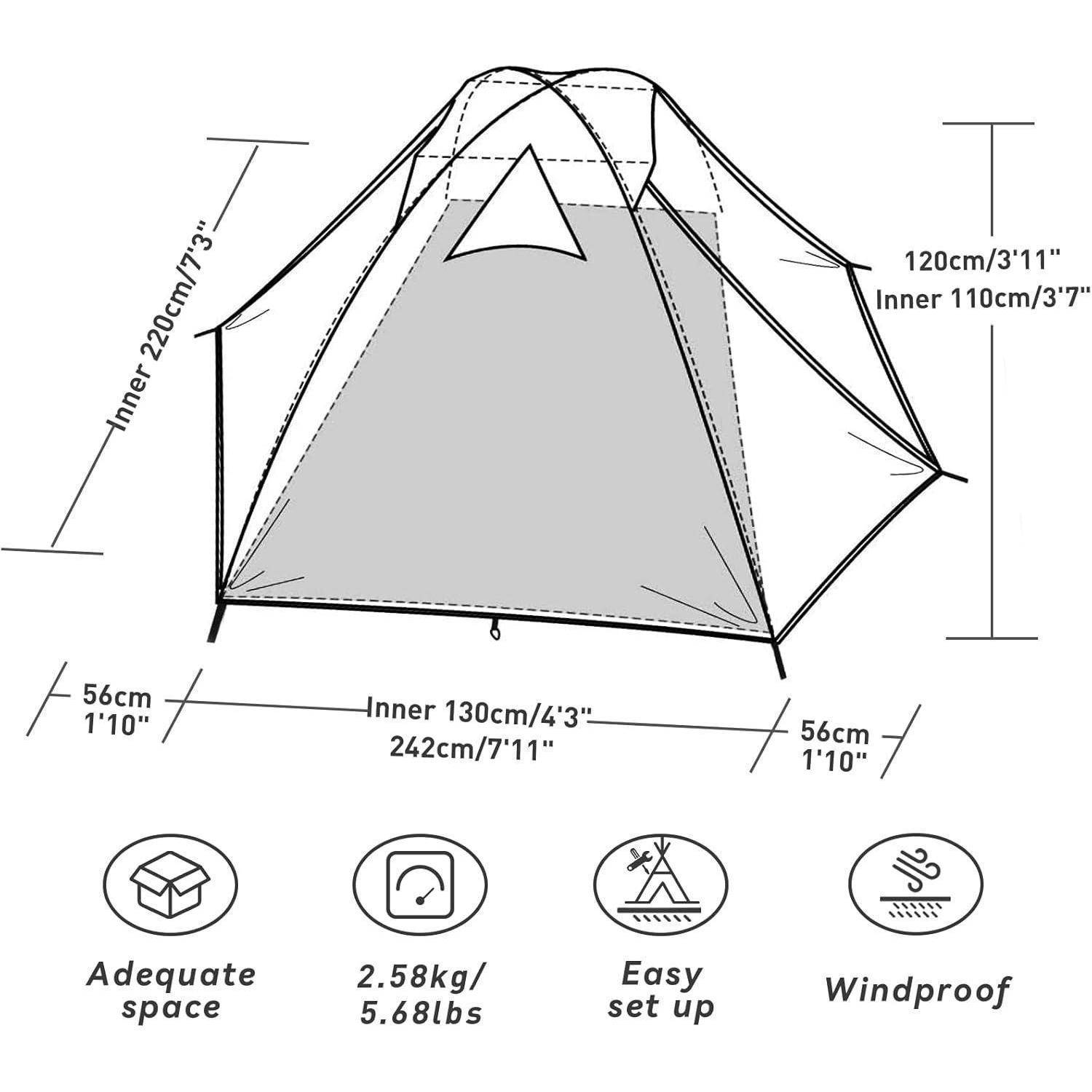 Ein Diagramm eines Zeltes mit Abmessungen: Innenraum 220cm/7'3
