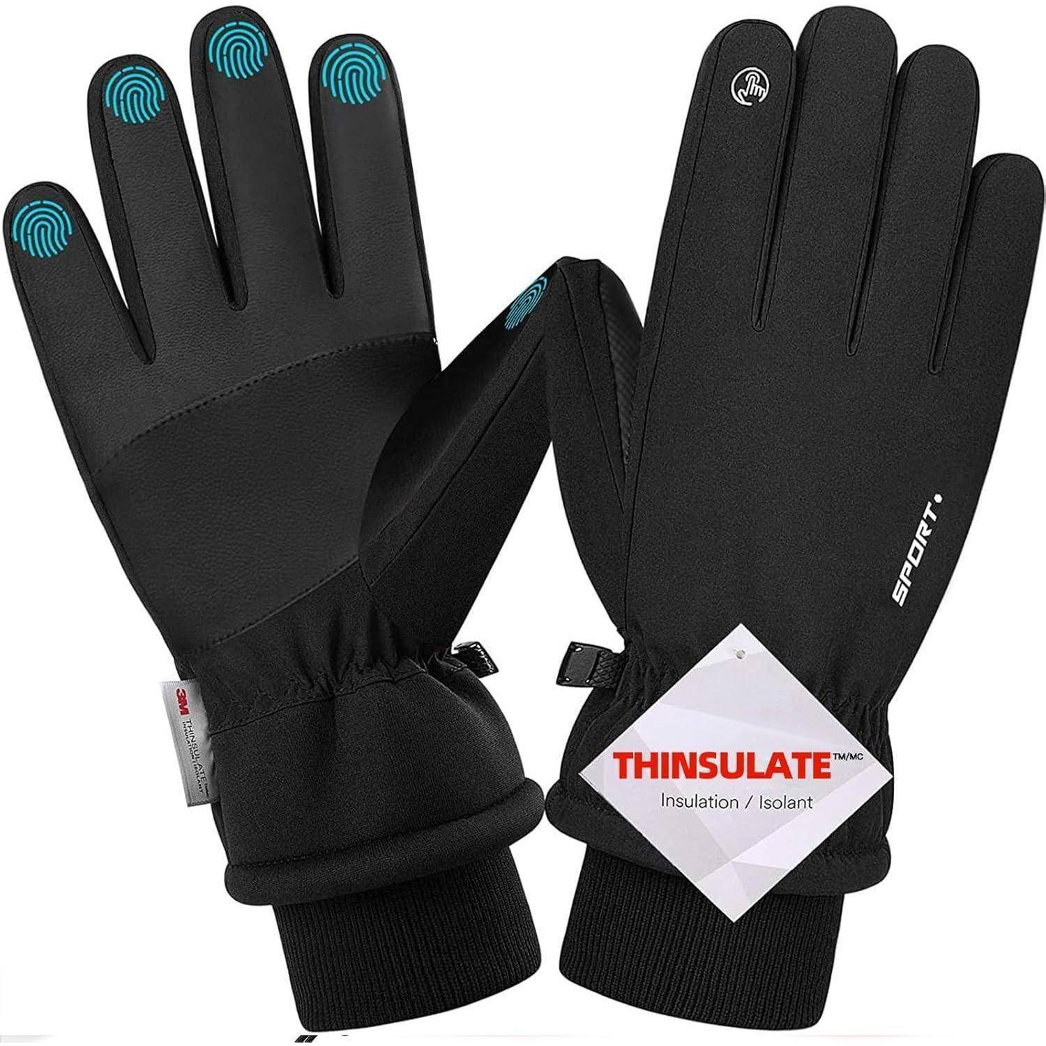 Schwarze Thinsulate-Handschuhe mit touchscreen-kompatiblen Fingerspitzen, mit einem Etikett versehen, das 