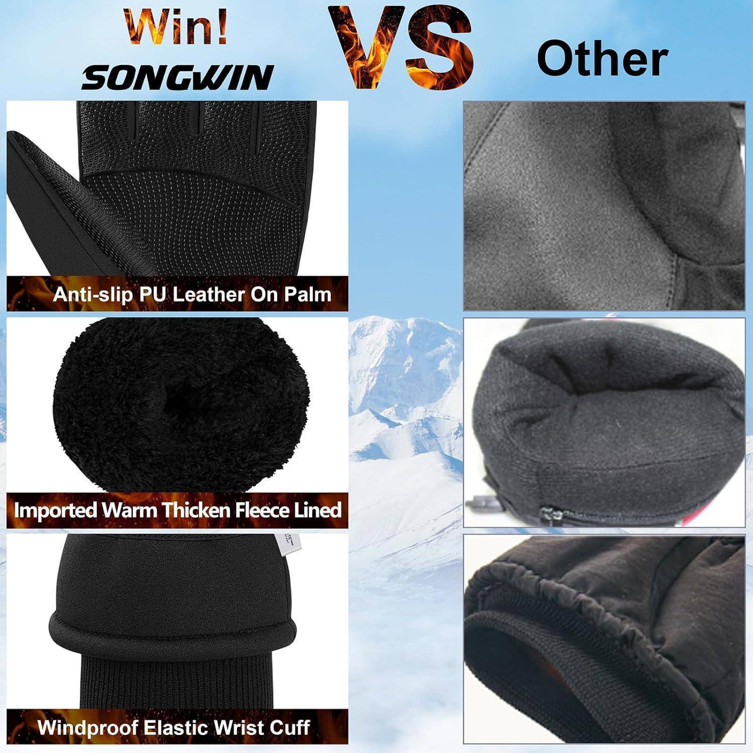 Gewinnen! SONGWIN VS Andere' Vergleichsbild. Handschuhe mit 'Rutschfestem PU-Leder auf der Handfläche', 'Importiertes warmes, dickes Fleece-Futter', 'Winddichter elastischer Handgelenkbund'.