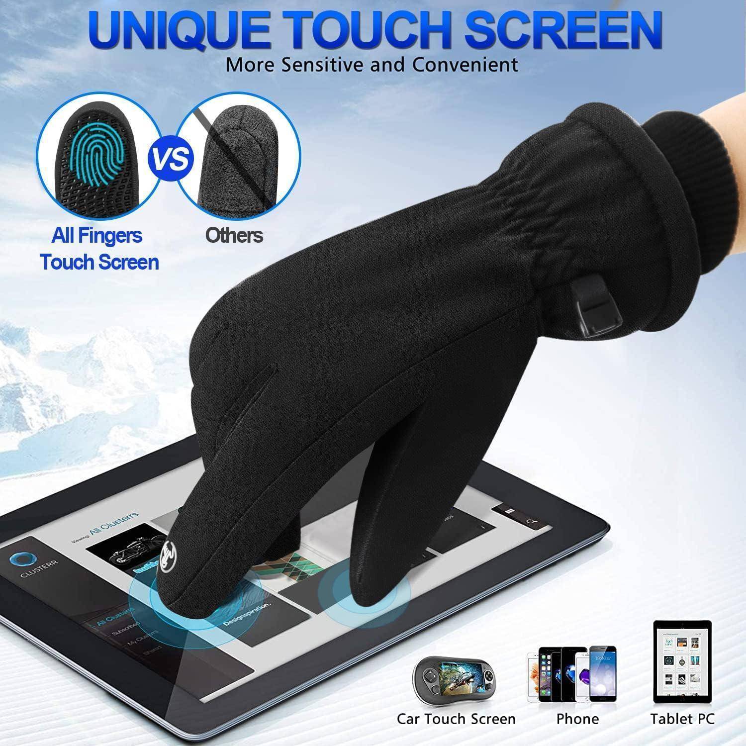 Ein schwarzer Handschuh wird gezeigt, der einen Touchscreen-Tablet bedient und damit seine Funktionalität demonstriert. Text: ‚Einzigartiger Touchscreen - Empfindlicher und Komfortabler'.