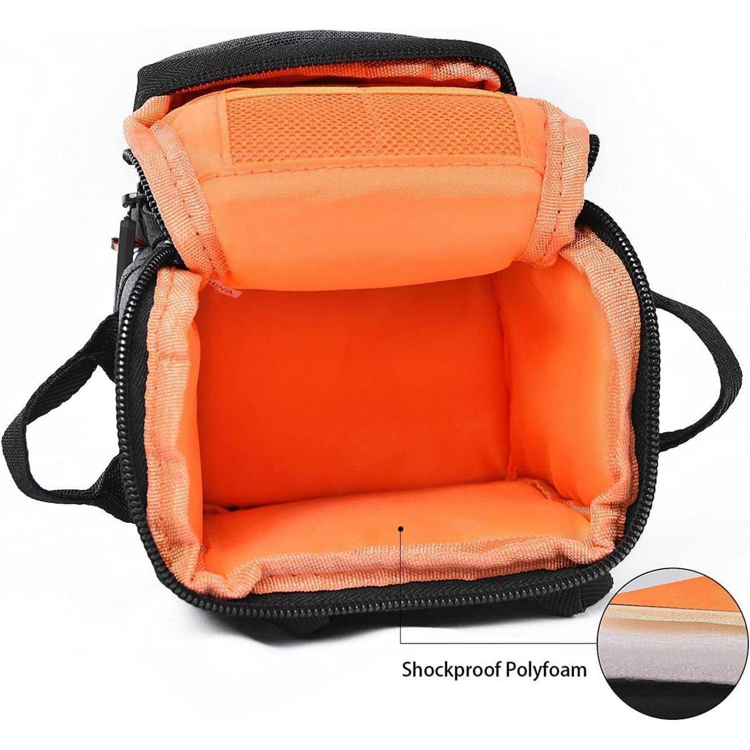 Eine offene Kameratasche mit orangefarbenem, stoßdämpfendem Polyschaumstoff-Innenleben, entwickelt zum Schutz von Kameraausrüstung vor Stößen.