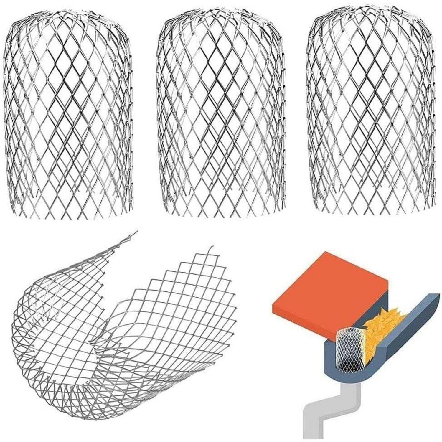 Drei zylindrische metallische Gittergeflecht-Stents werden gezeigt. Darunter ist ein Stent expandiert, mit einer Illustration, die ihn in einer gekrümmten Arterie platziert zeigt.