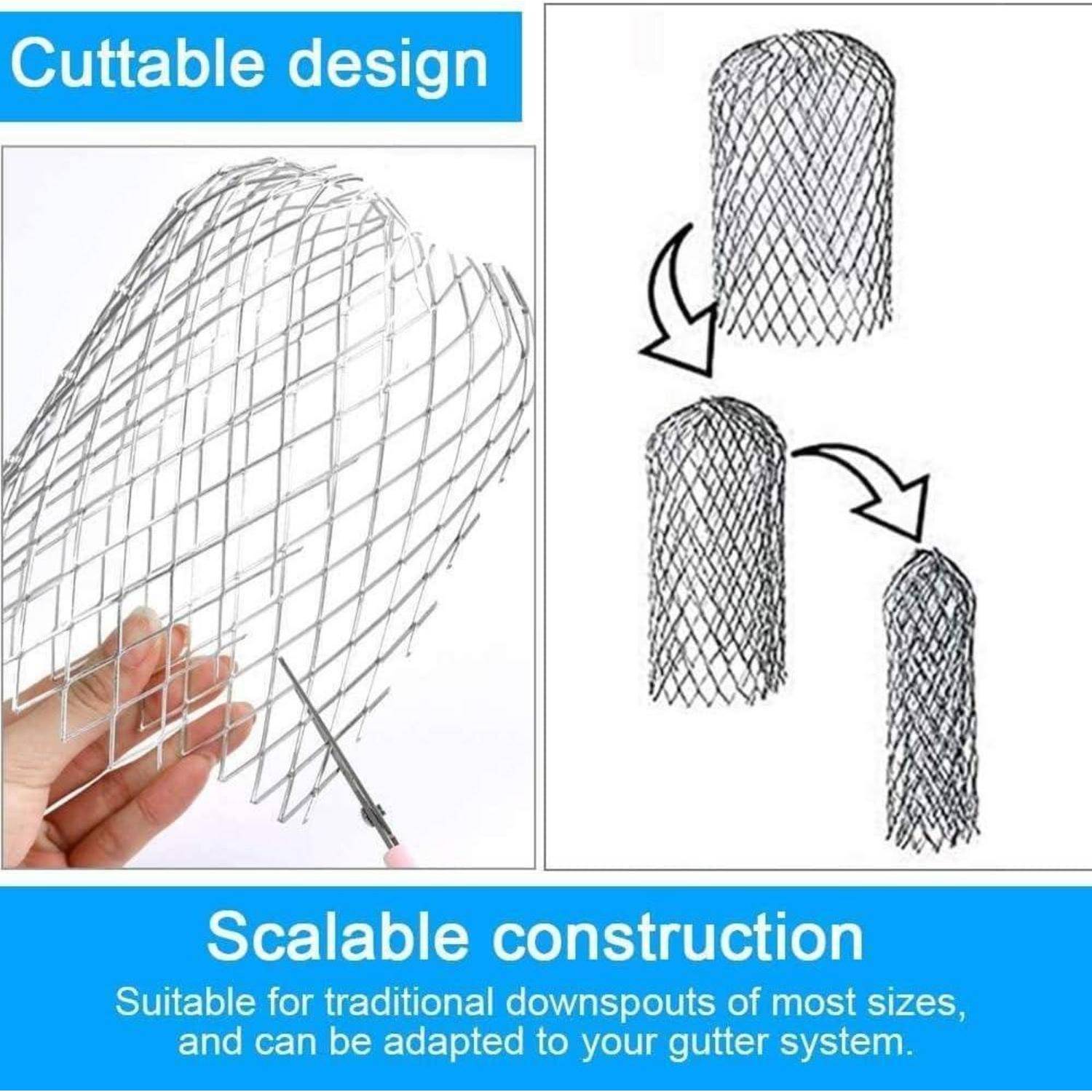Design zum Zuschneiden: Abbildung, die eine Hand zeigt, die Drahtgeflecht mit einer Schere schneidet, sowie Diagramme, die eine skalierbare Konstruktion für Dachrinnen veranschaulichen.