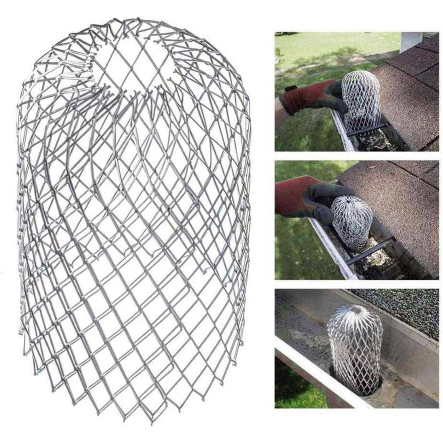 Metallische Dachrinnenabdeckung mit Drahtgitterdesign, die auf einer Dachrinne installiert ist. Drei Bilder veranschaulichen ihre Platzierung und Funktion zum Blockieren von Ablagerungen.