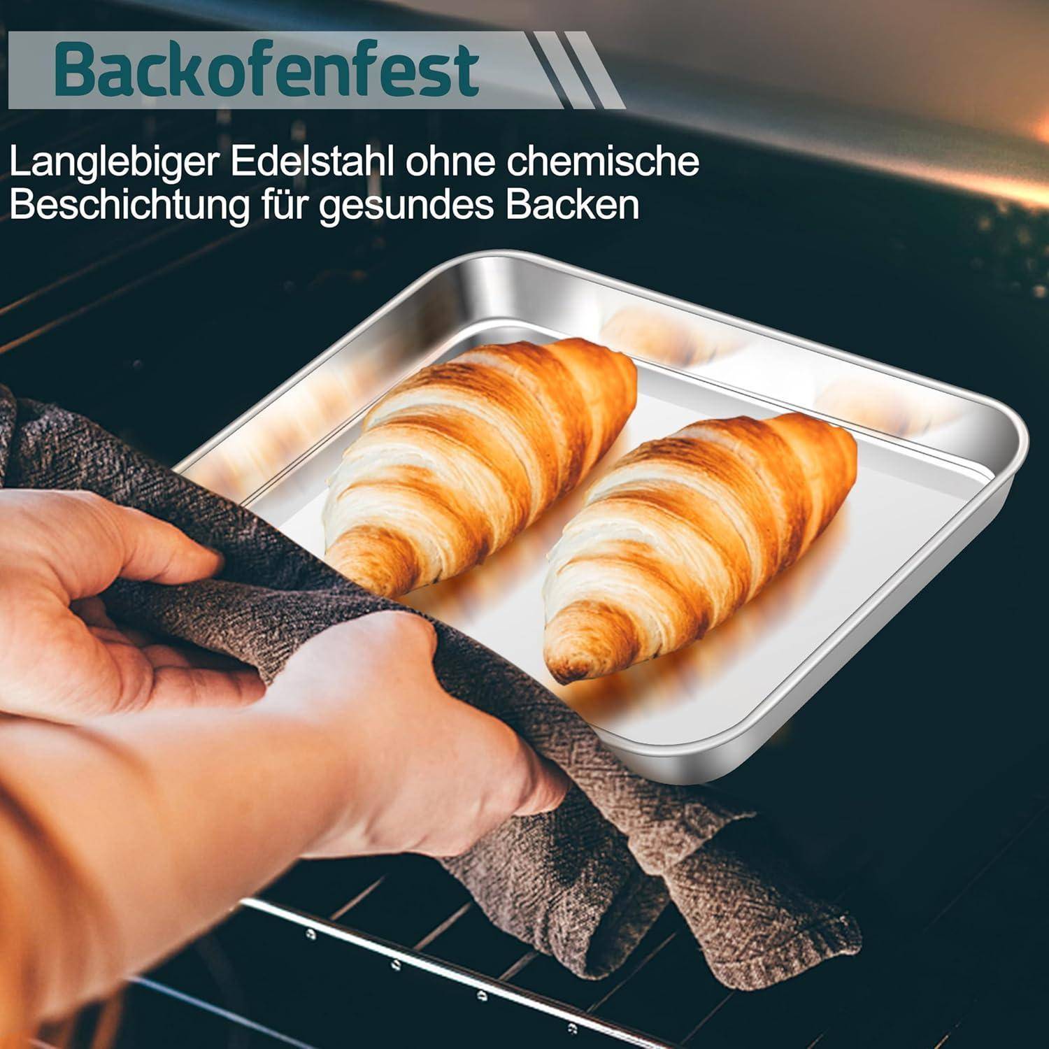 Ein Mensch legt ein Tablett mit zwei Croissants in einen Ofen. Der Text lautet: 'Ofenfest - Langlebiger Edelstahl ohne chemische Beschichtung für gesundes Backen.
