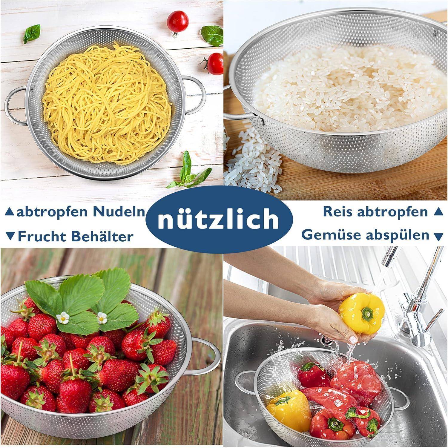 Collage, die die Verwendungsmöglichkeiten eines Metalldurchschlags zeigt: Abtropfen von Nudeln und Reis, Waschen von Erdbeeren und Abspülen von Paprikaschoten unter Wasser.
