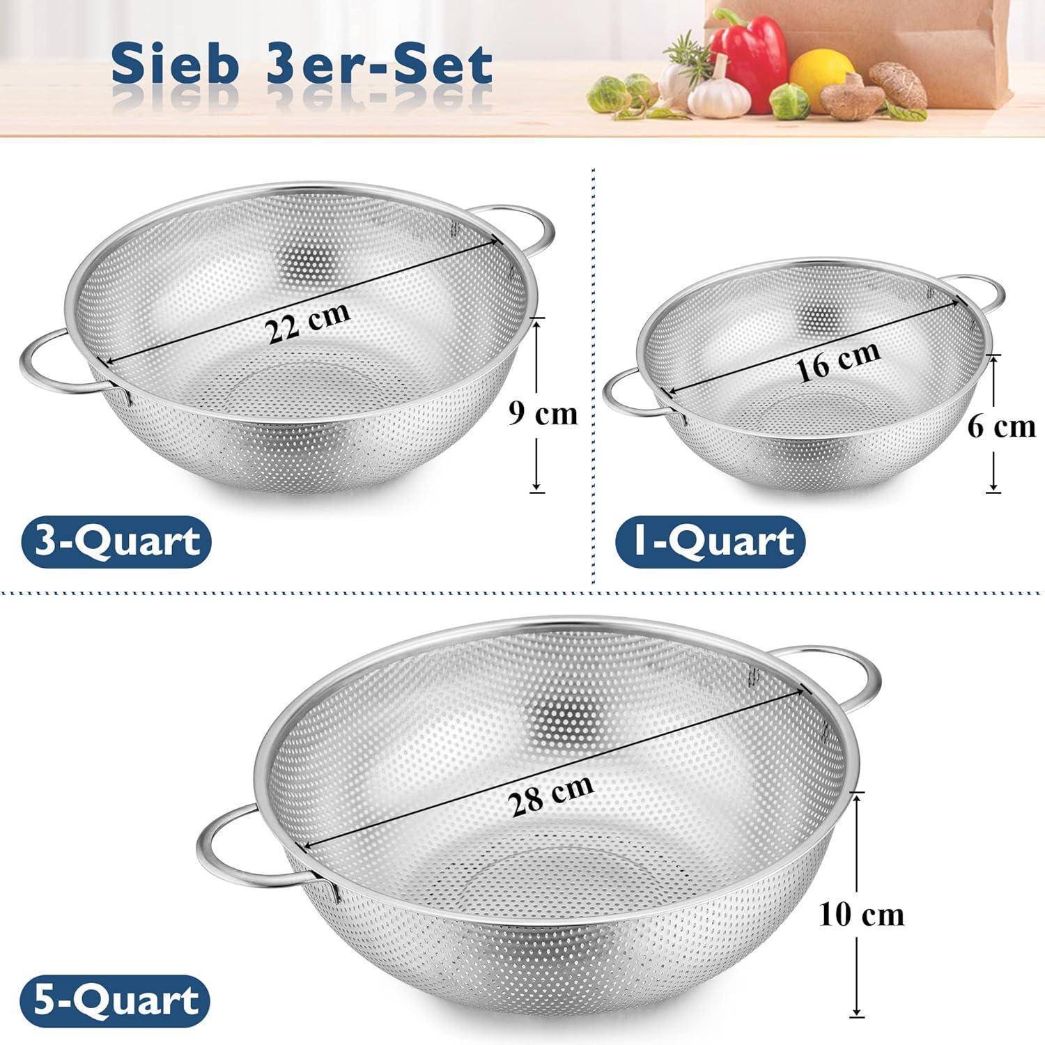 Satz von drei Edelstahl-Seihen mit Griffen: 5-Quart, 3-Quart und 1-Quart Größen. Jede Seihe wird mit Durchmesser- und Höhenmessungen dargestellt.