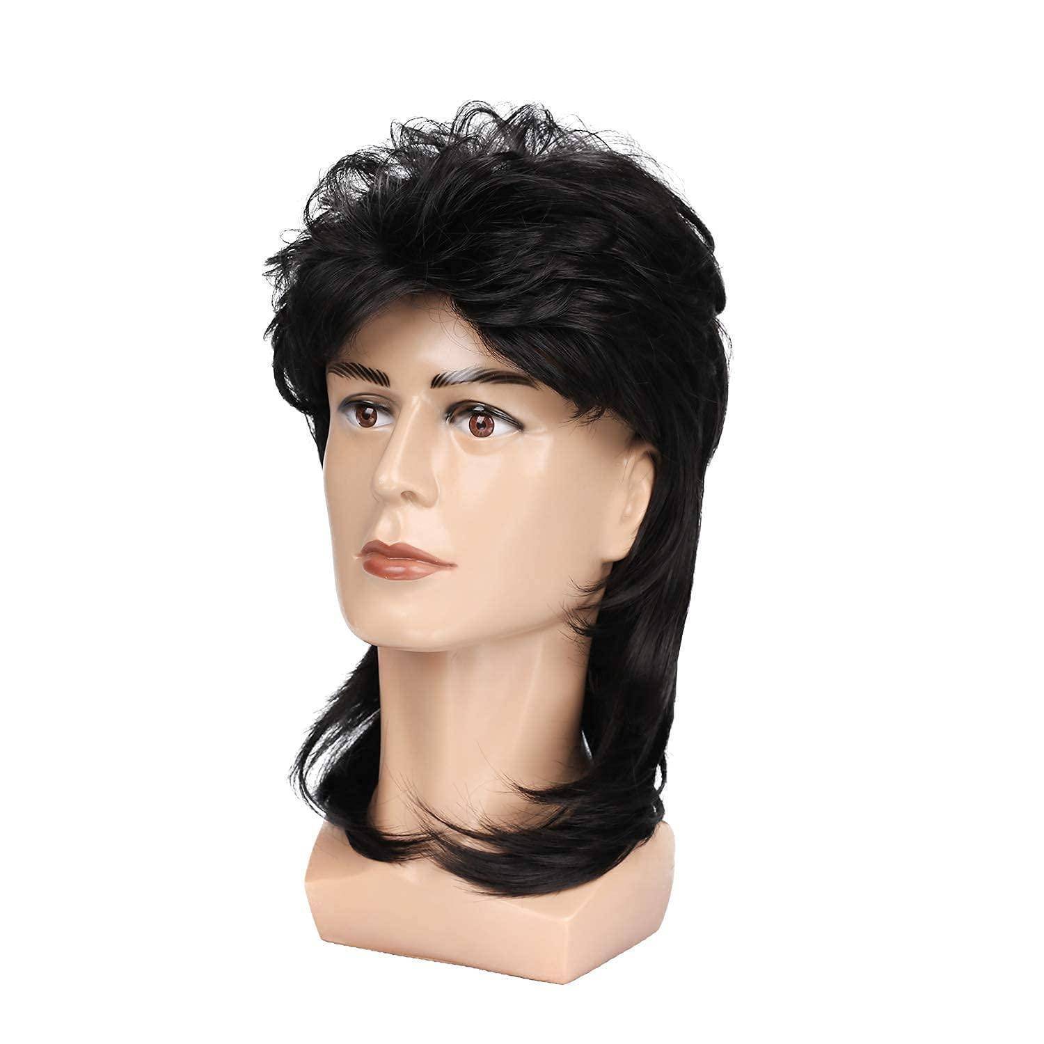 Ein Mannequinkopf mit einer schwarzen Mullet-Perücke, die kurze Haare oben und längere Strähnen hinten aufweist, vor einem einfarbigen Hintergrund.