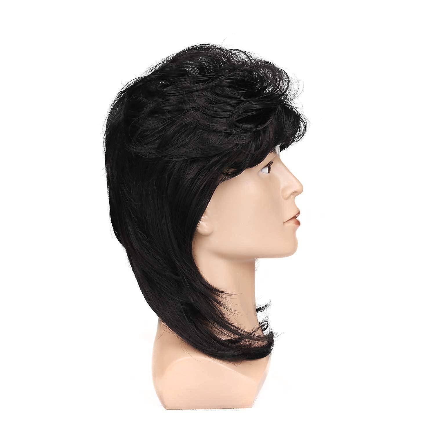 Ein Schaufensterpuppenkopf trägt eine kurze, geschichtete schwarze Perücke mit voluminösem Oberteil und Seiten, in einem Vintage-Mullet-Haarschnitt, Profilansicht.