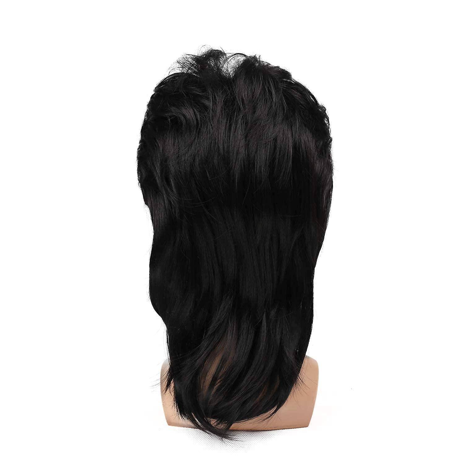 Ein Schaufensterpuppenkopf zeigt eine schwarze Perücke, die in geschichteten, schulterlangen Haaren gestylt ist, wobei der Fokus auf der Rückansicht liegt.