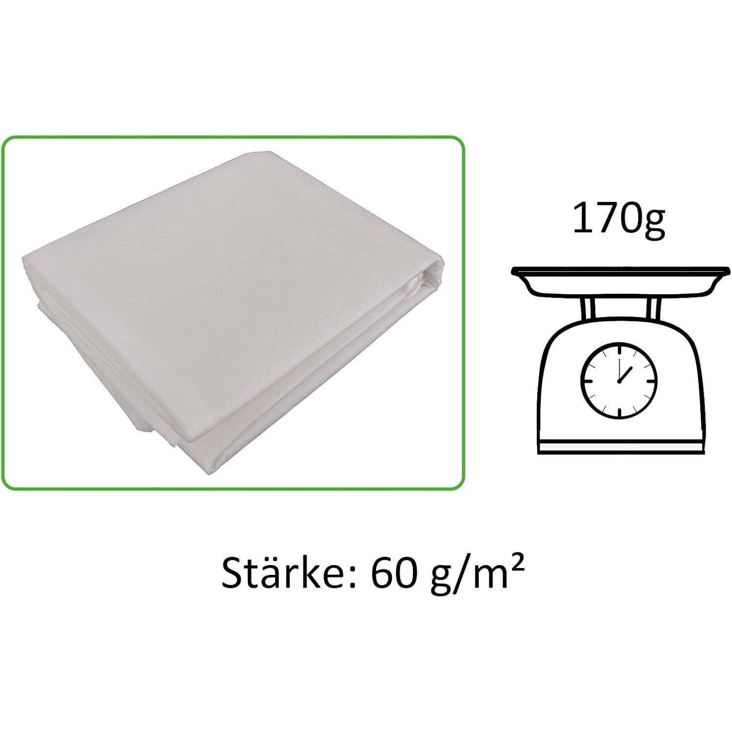 Weißer gefalteter Stoff neben einer Waage, die 170g anzeigt; Text darunter liest sich: 'Stärke: 60 g/m²'.