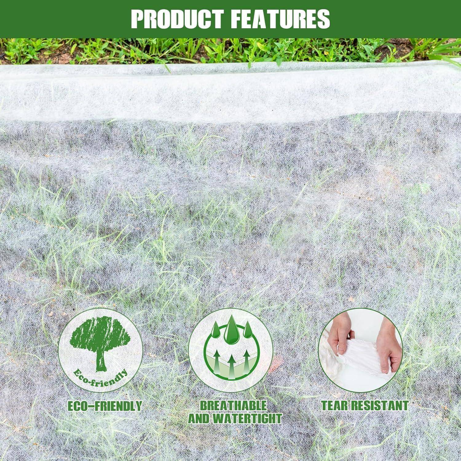 Das Bild zeigt einen Garten, der mit Stoff bedeckt ist, der ‚Produktmerkmale' hervorhebt: umweltfreundlich, atmungsaktiv und wasserdicht, reißfest.