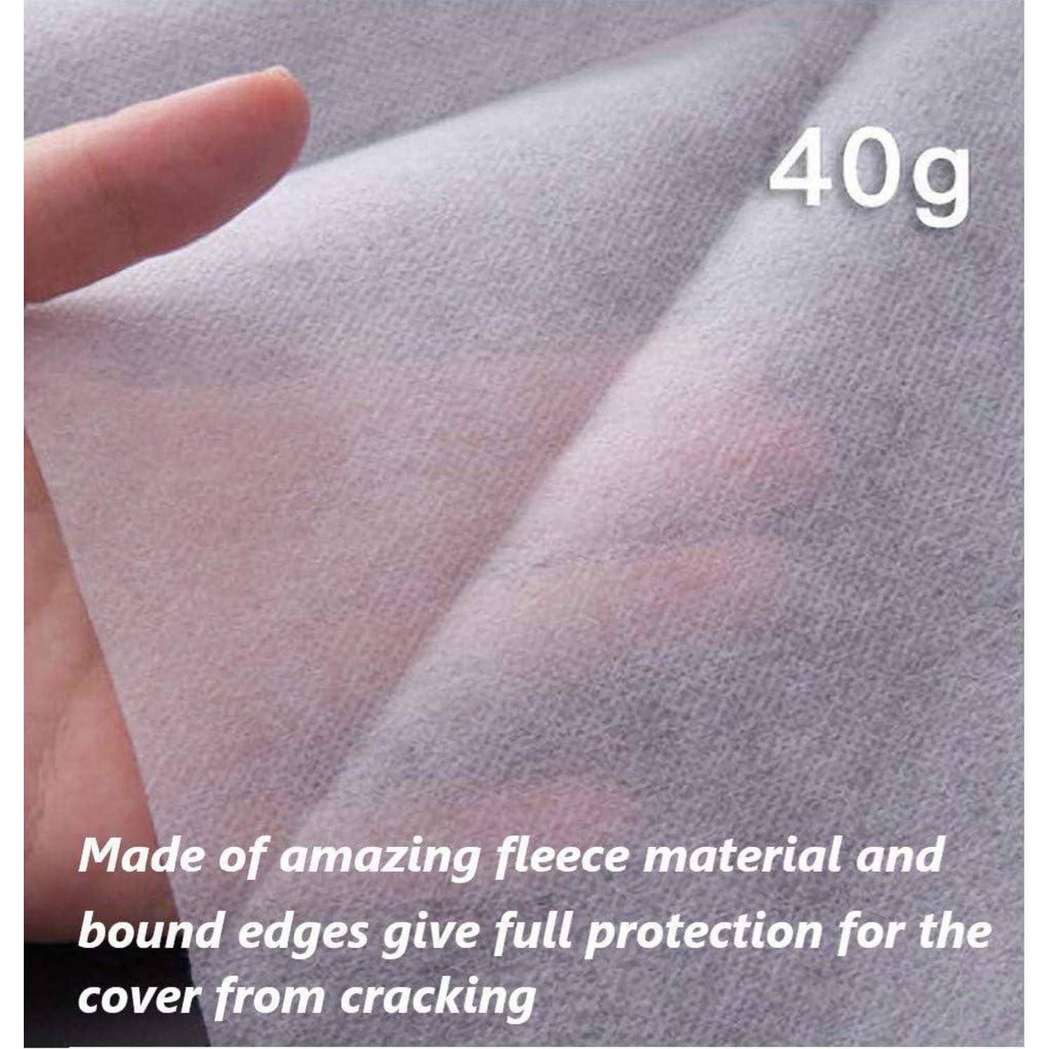 Nahaufnahme eines weißen Fleecematerials, das gehalten wird und mit '40g' beschriftet ist. Text darunter liest sich: 'Das hervorragende Fleecematerial und die versäuberten Kanten bieten vollständigen Schutz vor Rissbildung für die Oberfläche'.