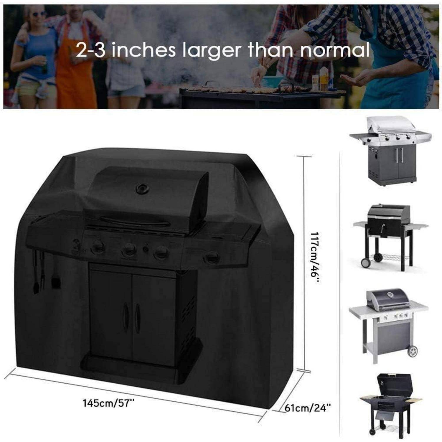 Eine schwarze Grillabdeckung, dargestellt mit Maßangaben: 145 cm/57