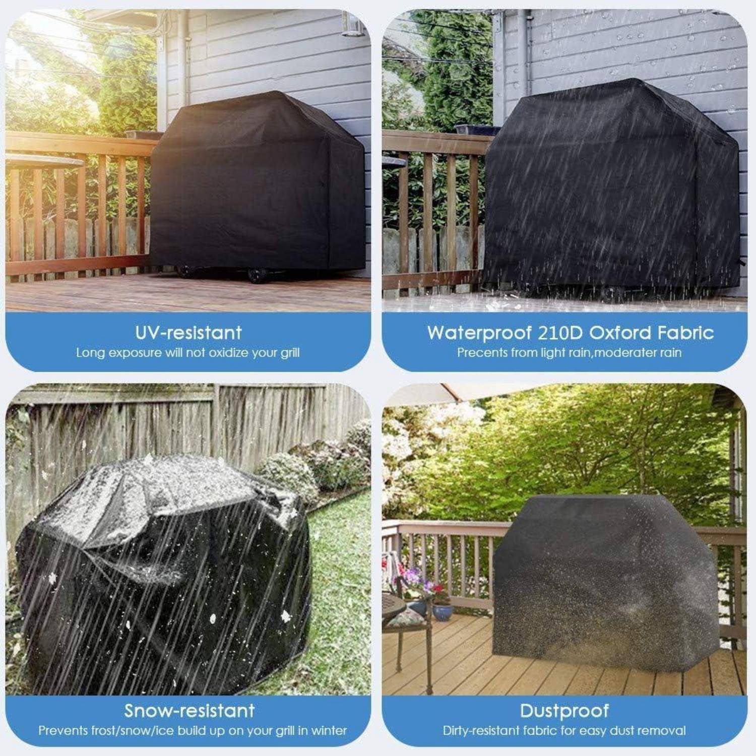 Grillabdeckungen unter verschiedenen Bedingungen: UV-beständig in der Sonne, wasserdicht bei Regen, schneefest im Winter, staubdicht für einfache Reinigung.