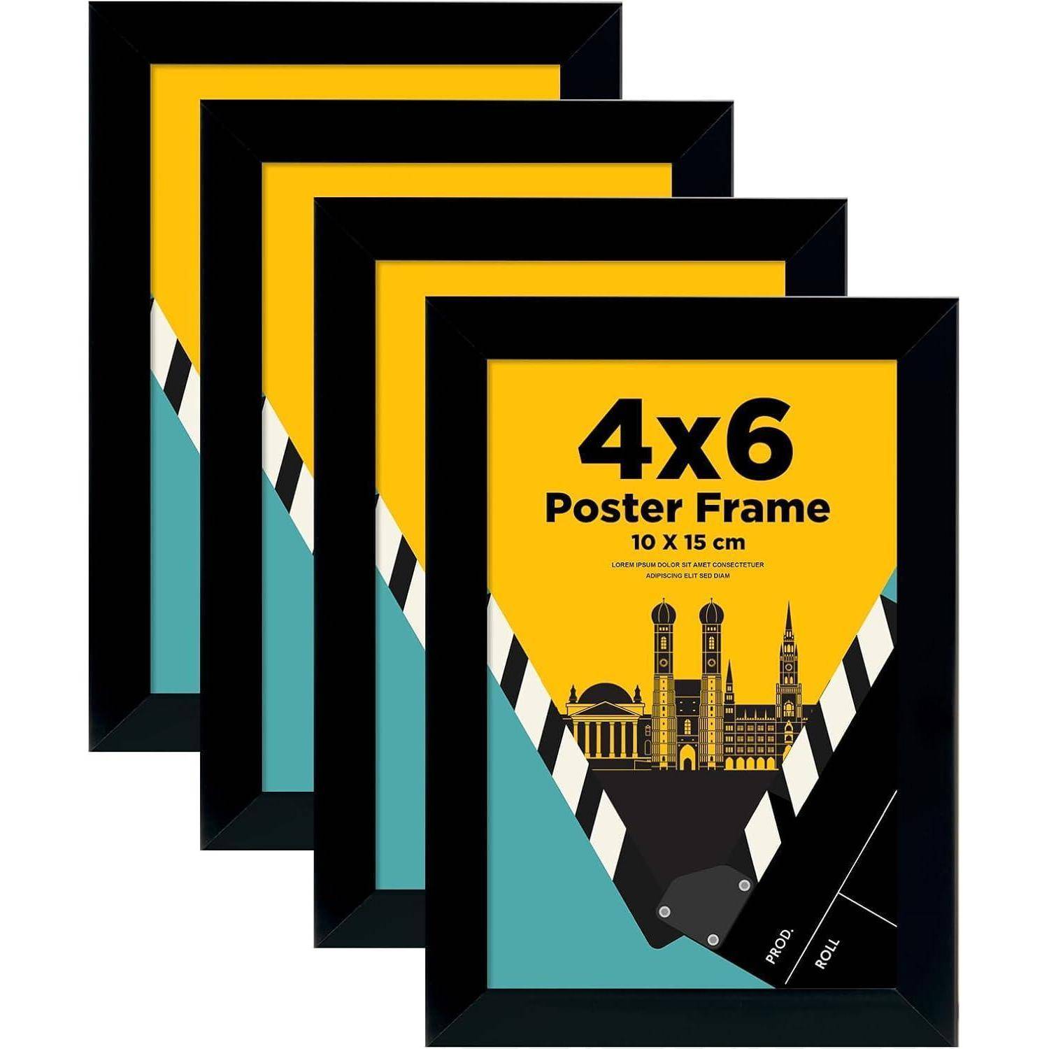 Satz von vier schwarzen Posterrahmen im Format 4x6 Zoll, die eine Stadtsilhouette vor gelbem Hintergrund zeigen.