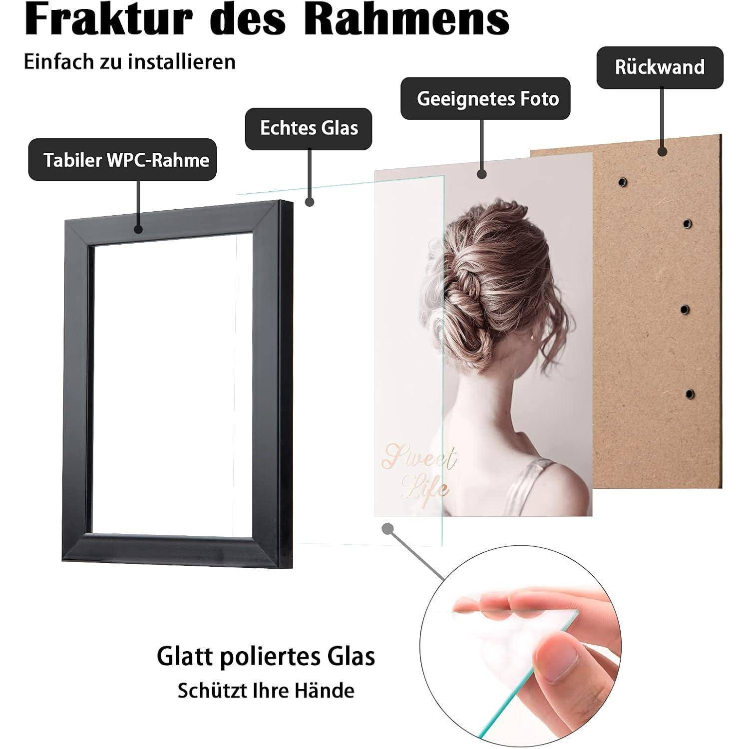 Bilderrahmen 10x15 4er-Set Holz-Verbund-Fotorahmen Echtes Glas Schwarz