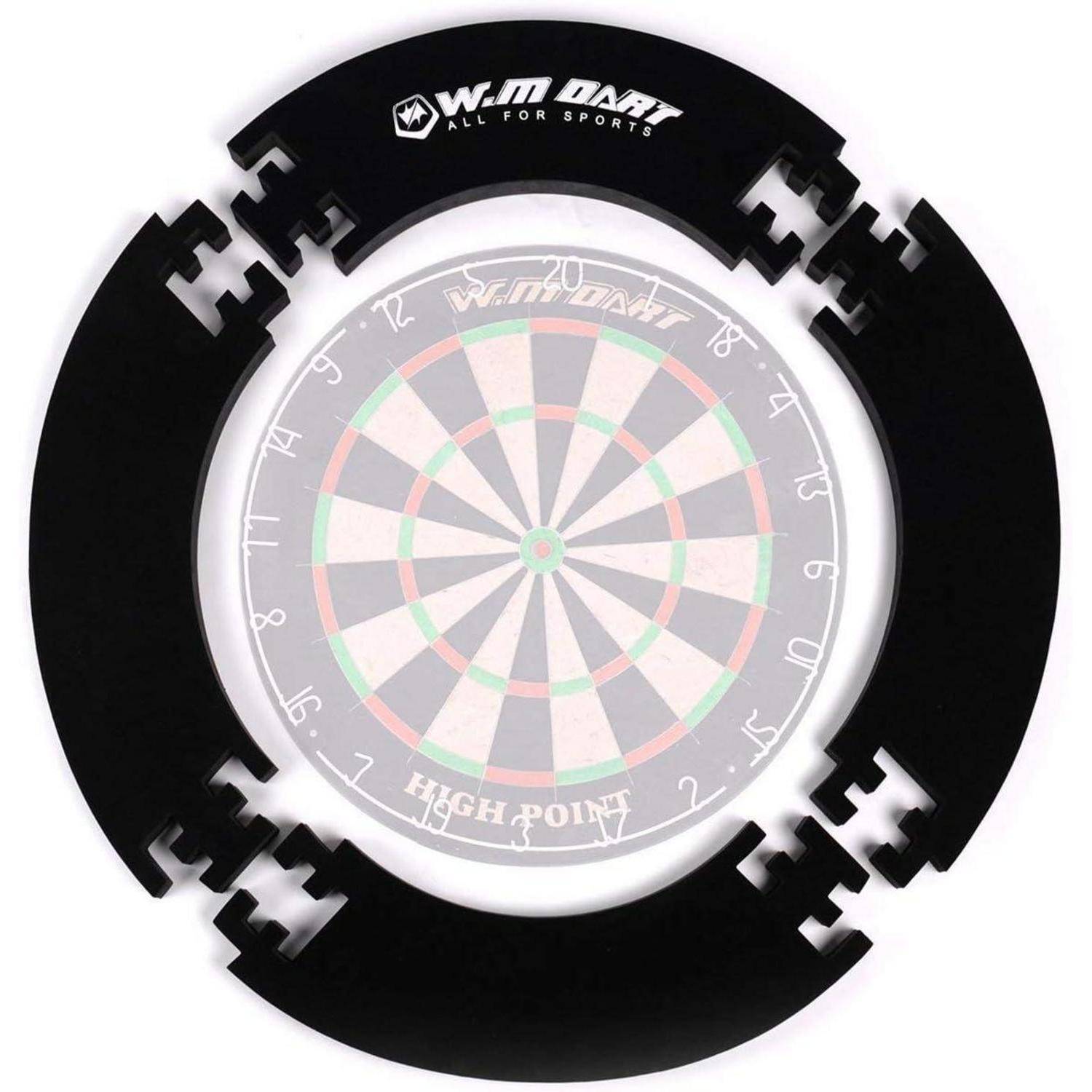 Eine schwarze Dartscheiben-Umrandung mit W.M. Darts Logo und Zahlen von 1 bis 20, die am Rand sichtbar sind; entwickelt, um Wände vor Dartpfeilen zu schützen.