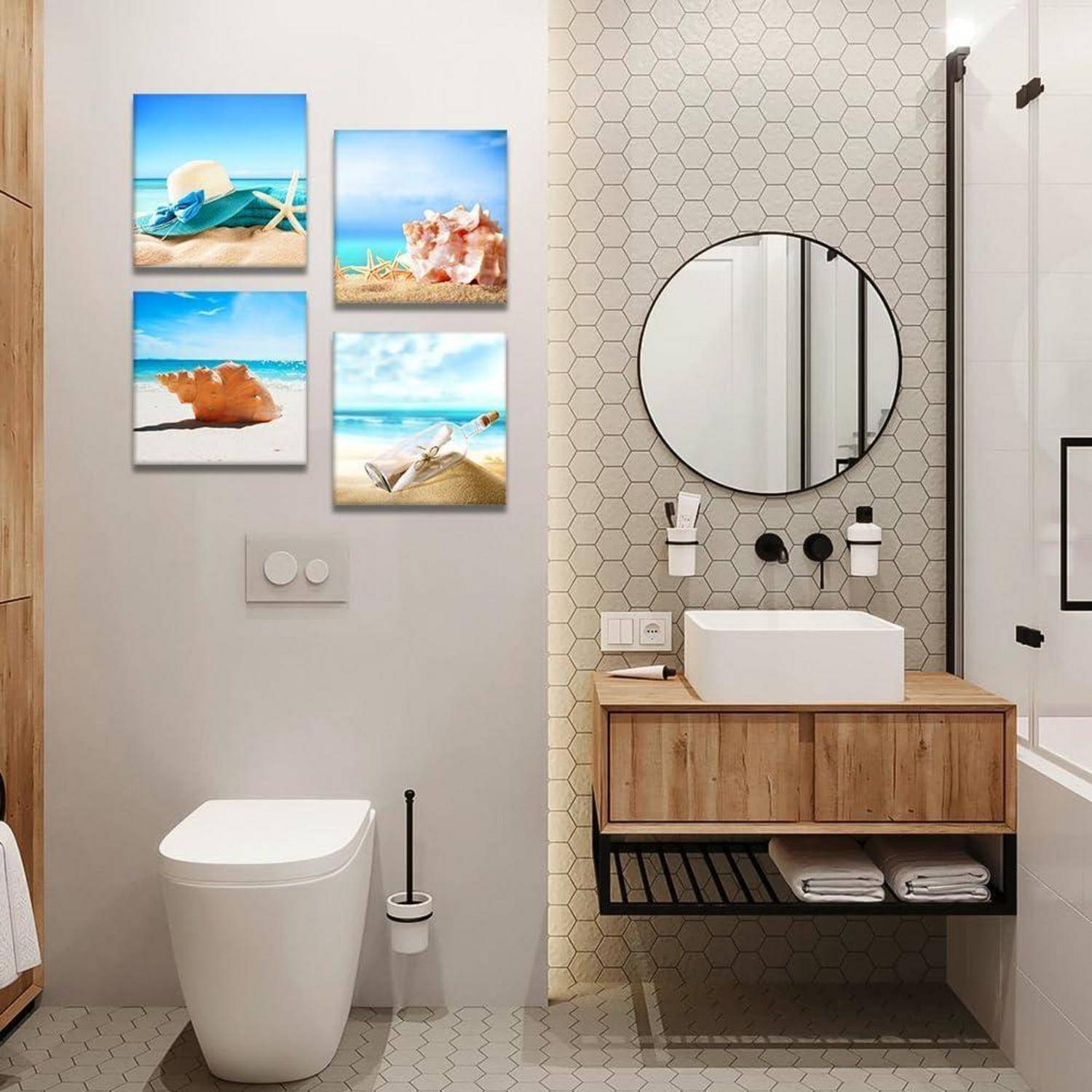 Modernes Badezimmer mit einem runden Spiegel, Waschtisch aus Holz, wandmontiertem Waschbecken und Küsten-Kunstwerk. Minimalistisch und ruhig.