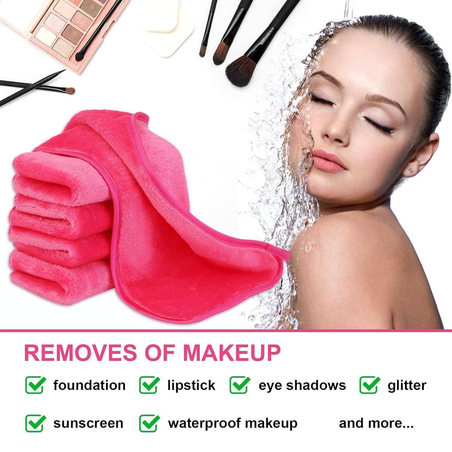 Eine Frau mit makelloser Haut, umgeben von Make-up-Entfernungswerkzeugen und einer Liste mit den Worten: „entfernt Foundation, Lippenstift, Lidschatten, Glitzer, Sonnencreme, wasserfestes Make-up und mehr