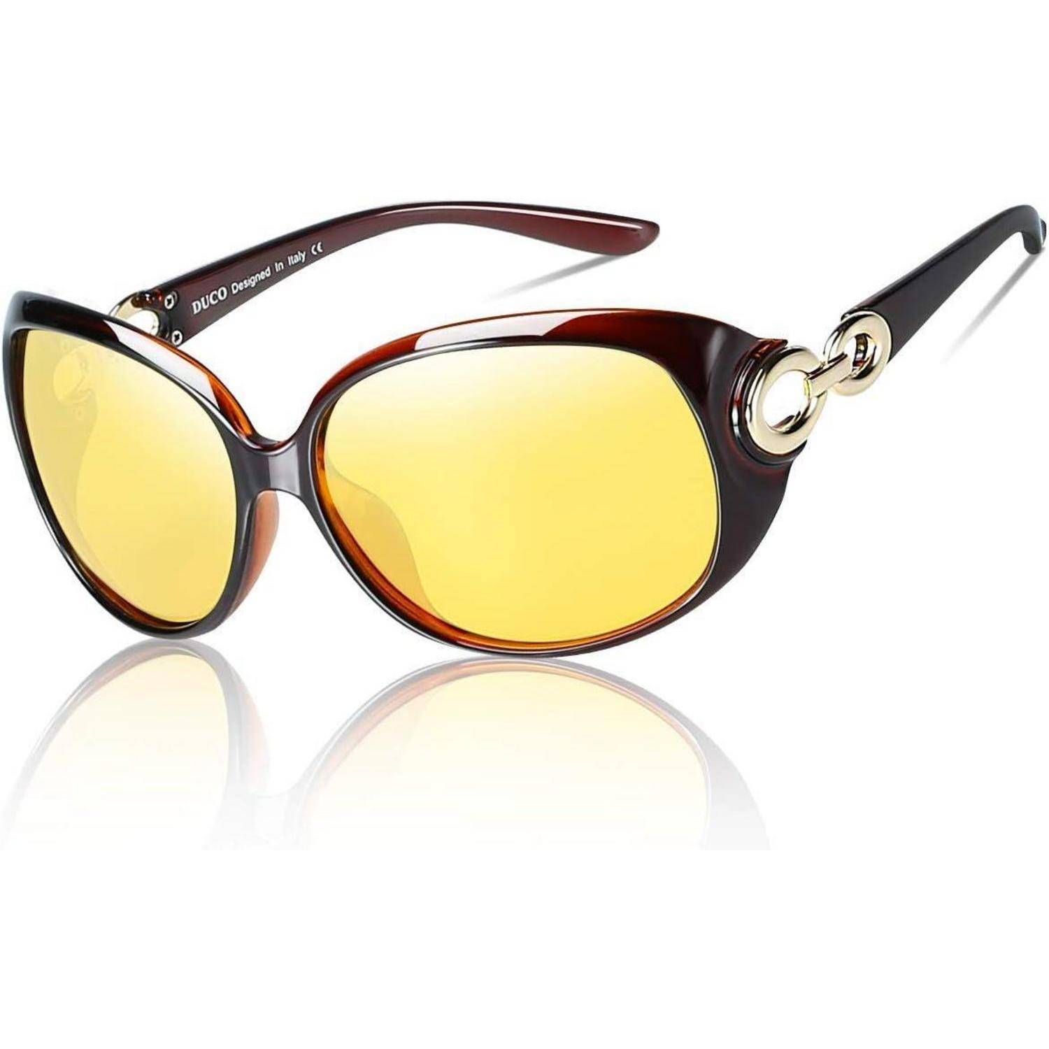 Sonnenbrille mit braunen Rahmen und gelb getönten Gläsern mit einer dekorativen Metallverzierung an den Bügeln.