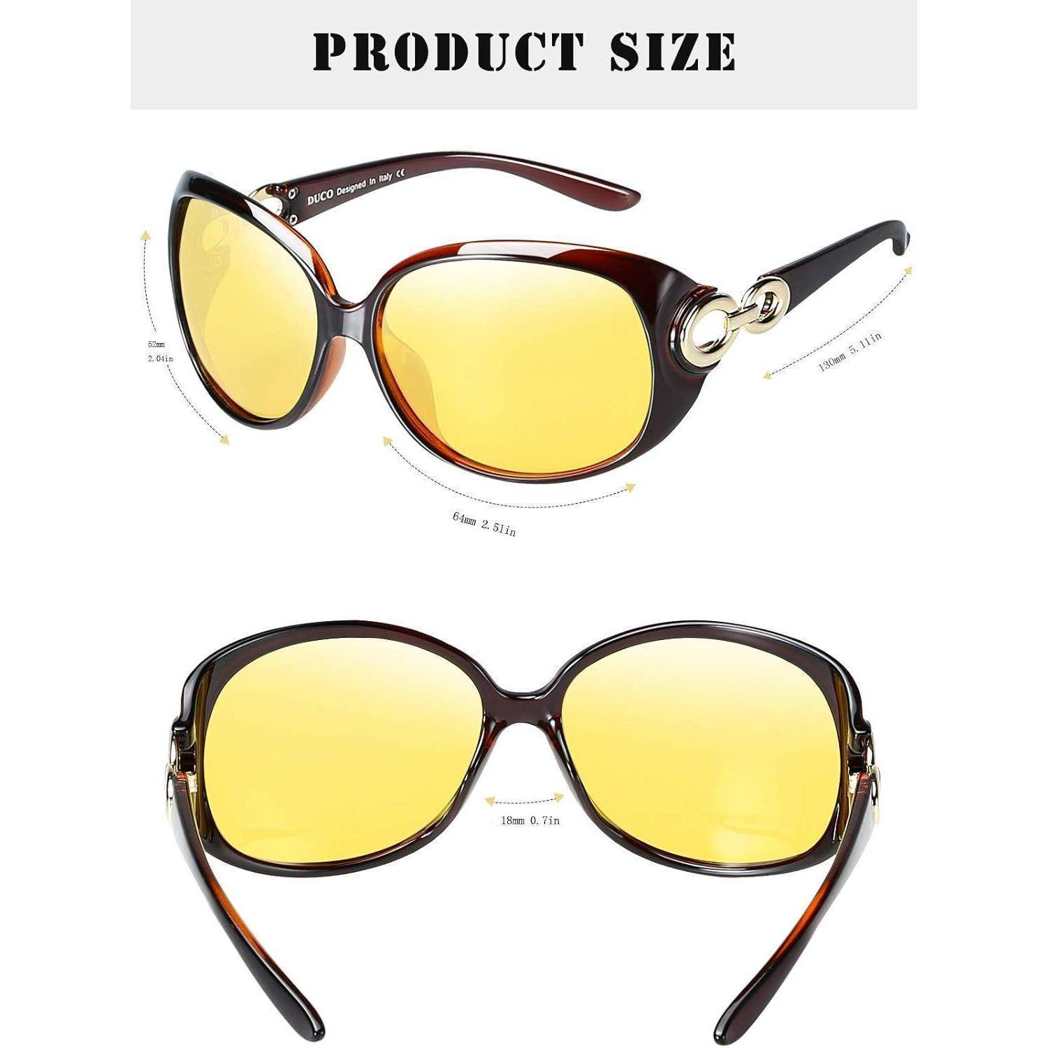Sonnenbrille mit Bernsteingläsern und braunem Gestell; Abmessungen: Linsenbereite 64mm, Höhe 41mm; Bügelbreite 135mm; vielseitiger Stil.