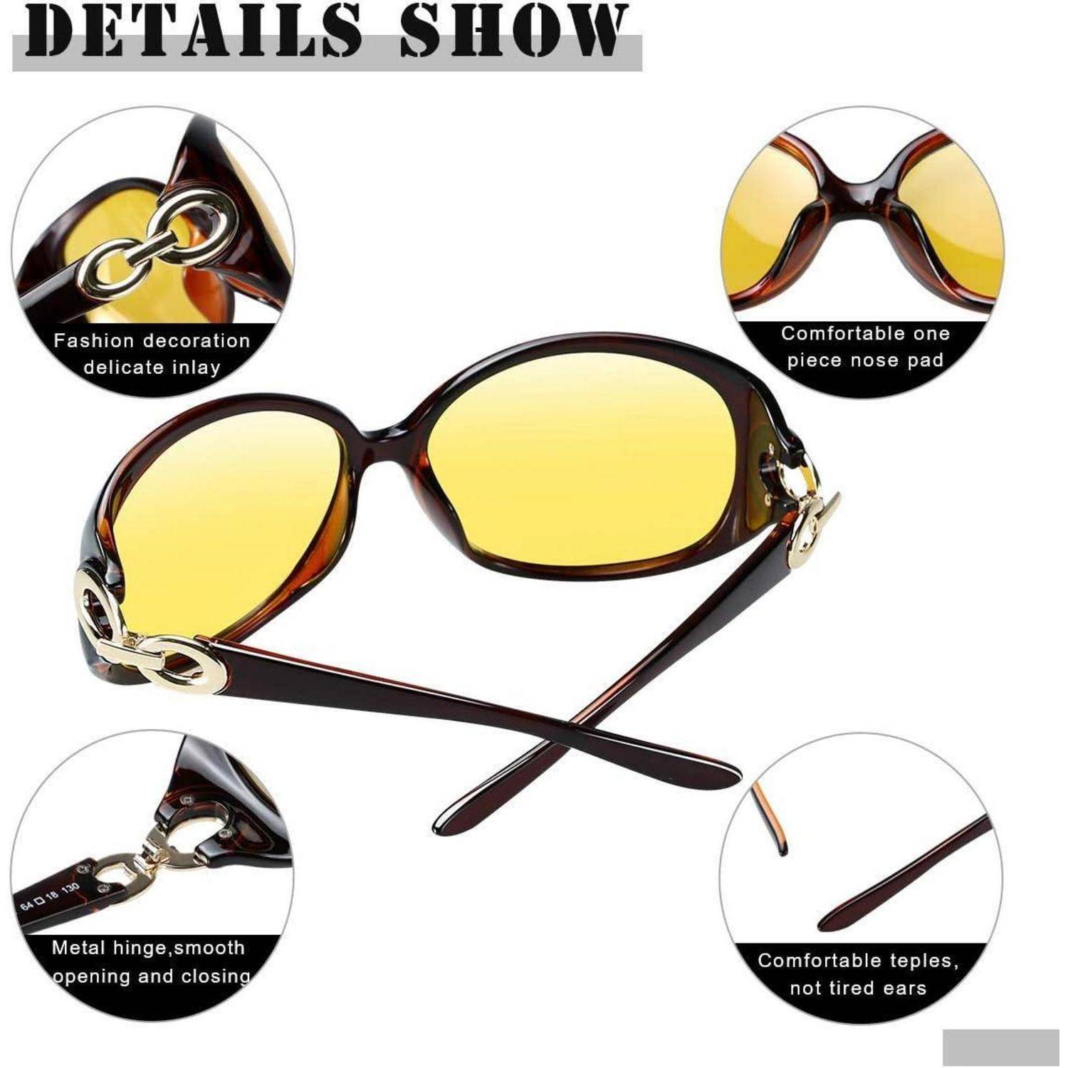 Sonnenbrille mit gelben Gläsern und dekorativen Metallakzenten, die aus verschiedenen Blickwinkeln gezeigt wird und Details wie Scharnier, Nasensteg und Bügel hervorhebt.