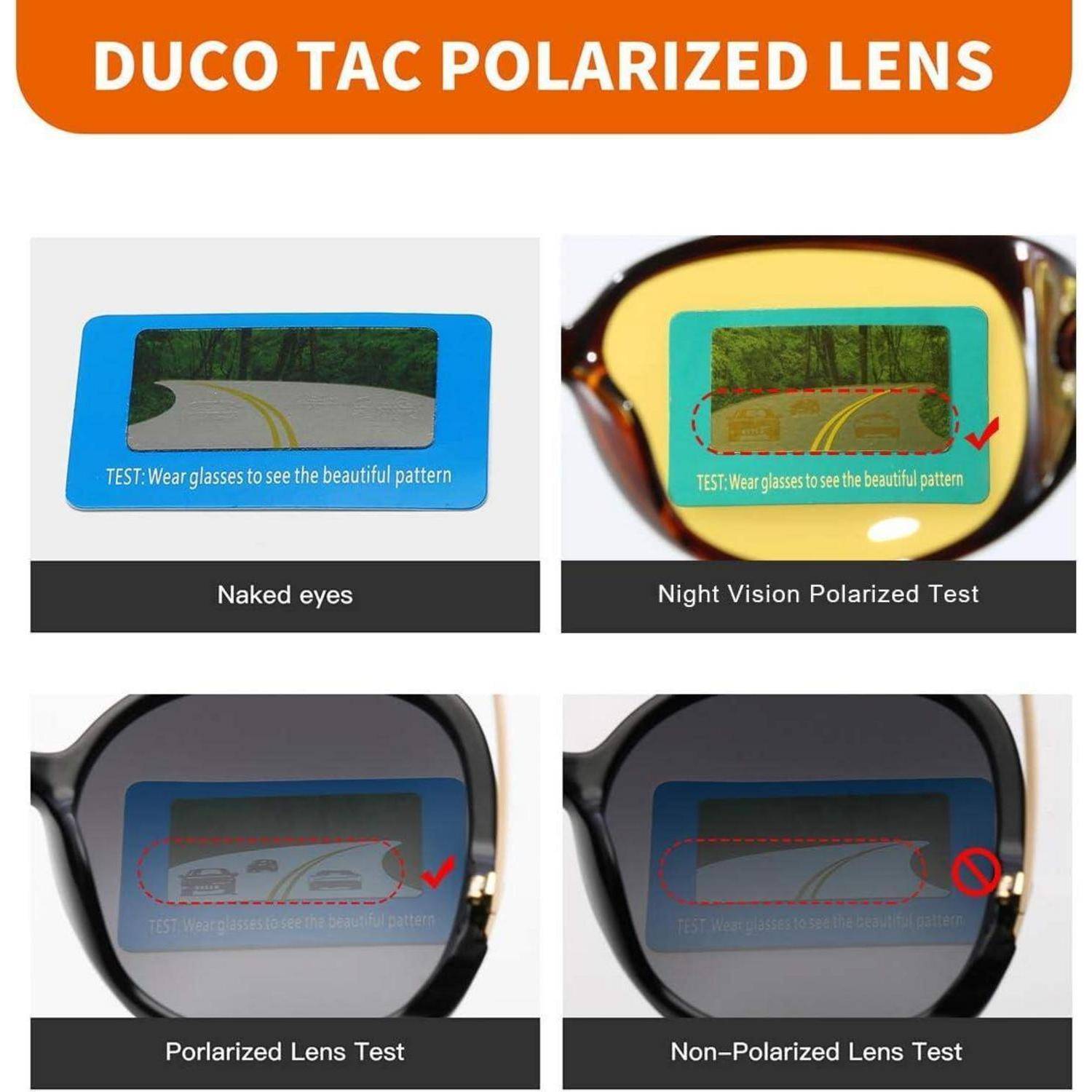 Der 'DUCO TAC POLARIZED LENS' Test zeigt visuelle Klarheit: Die Sicht mit 'bloßen Augen' ist stumpf, der 'Nachtsicht-Polarisationstest' und 'Polarisationslinsentest' verbessern Helligkeit und Details.